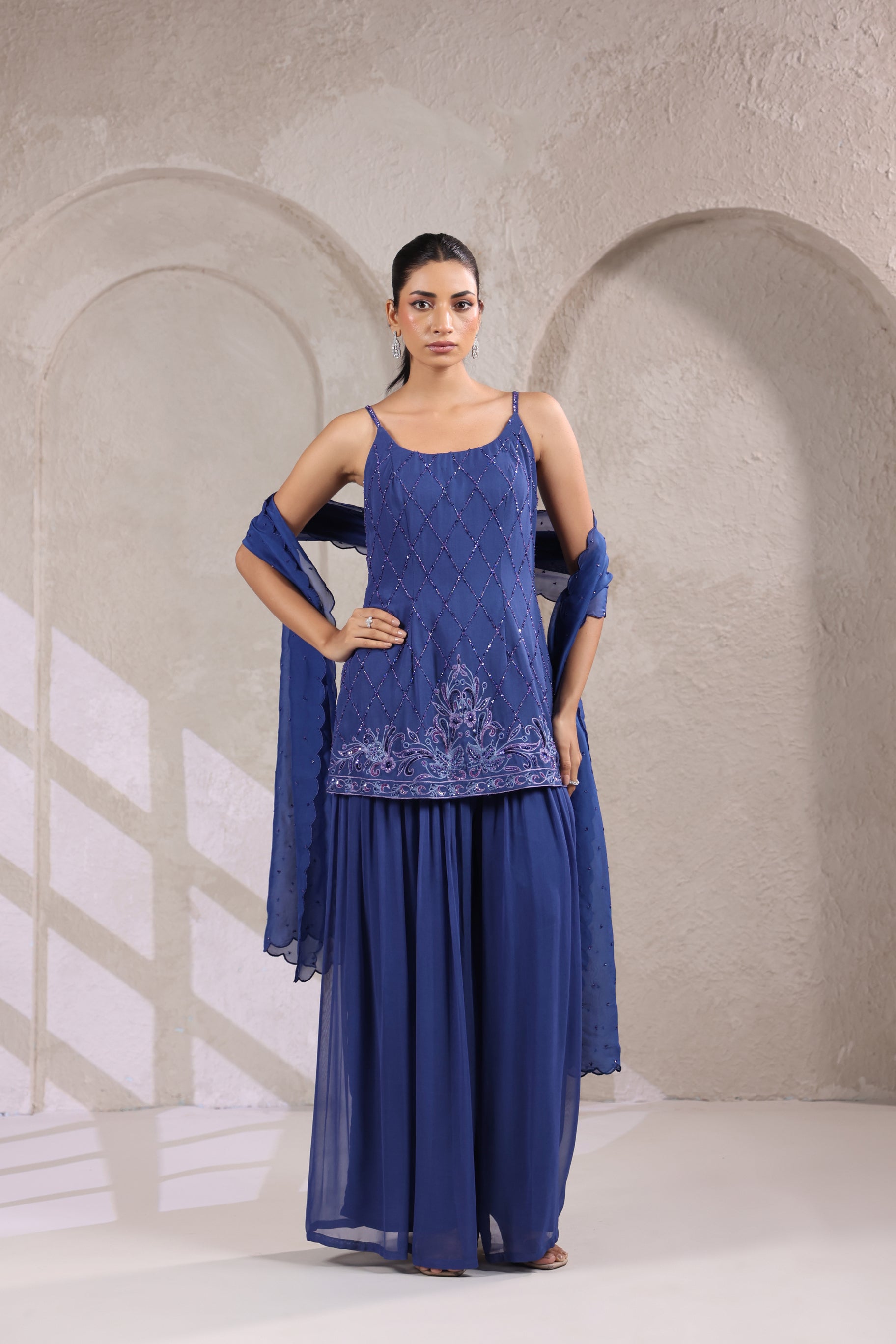 TWILIGHT BLUE SEQIUN & BEAD EMBELLISHED SHARARA SET.