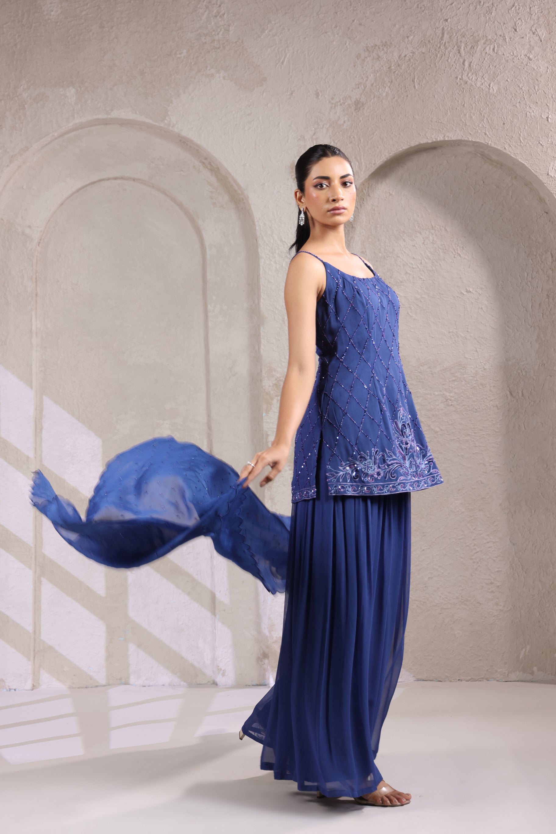 TWILIGHT BLUE SEQIUN & BEAD EMBELLISHED SHARARA SET.