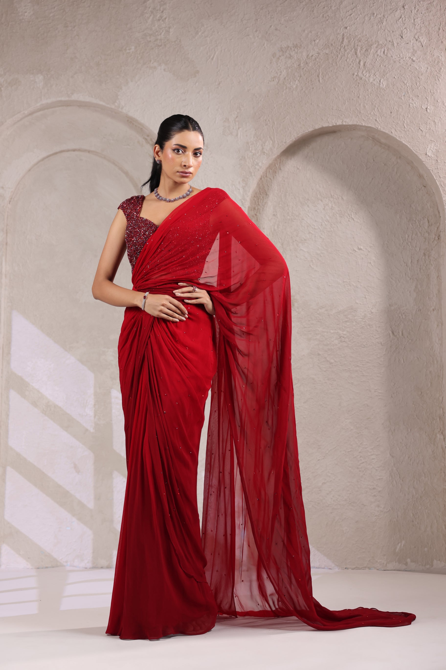 RED OMBRE DRAPED SAREE WITH SPARKLE EMBROIDERY BLOUSE
