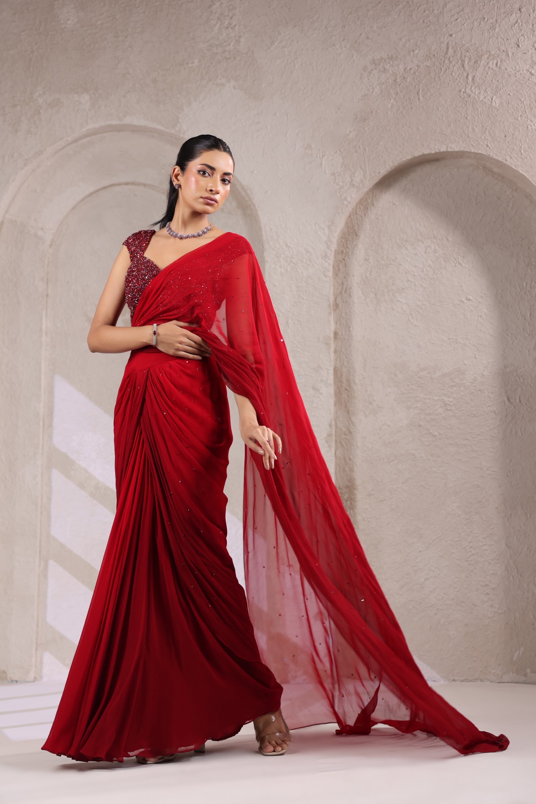 RED OMBRE DRAPED SAREE WITH SPARKLE EMBROIDERY BLOUSE