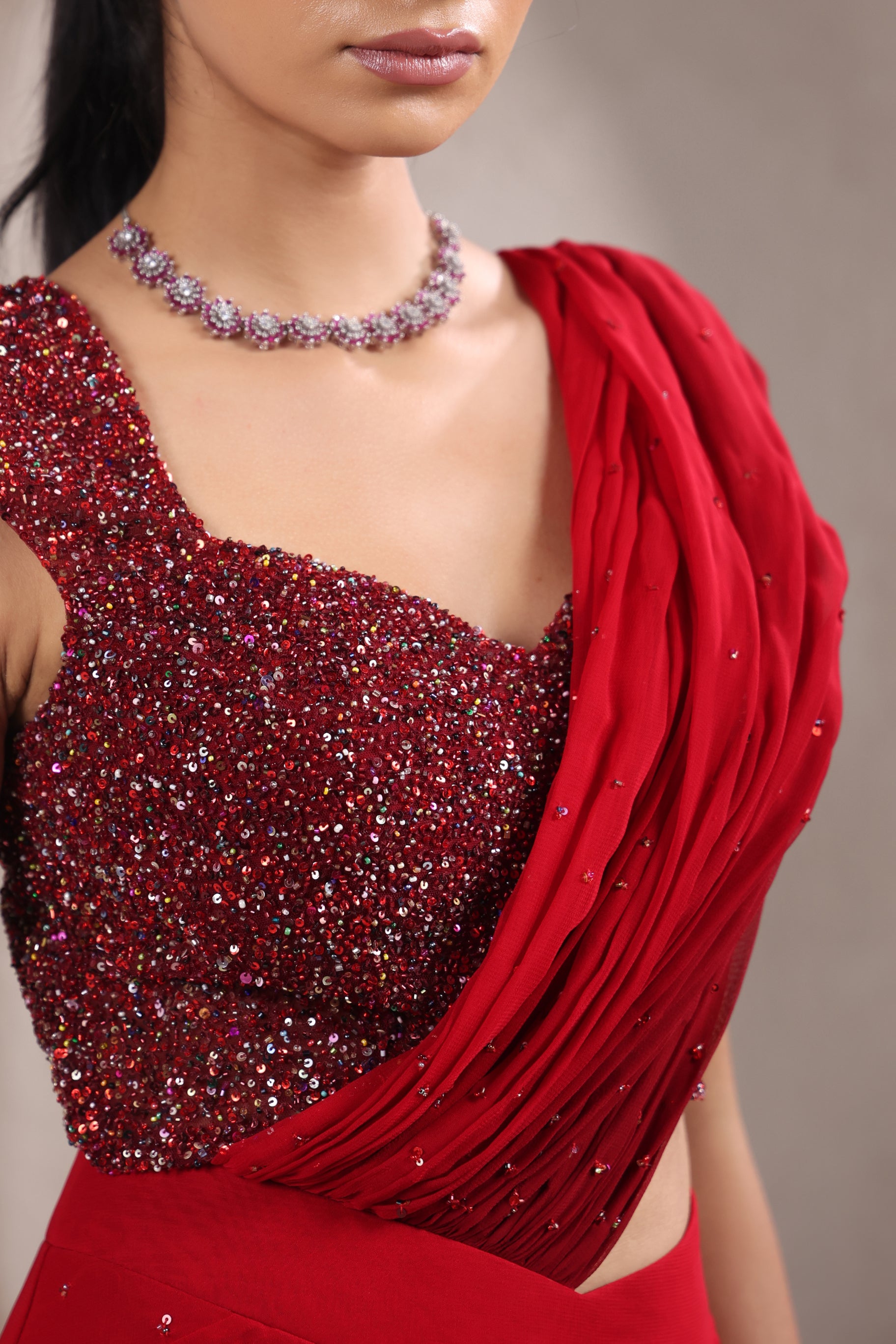 RED OMBRE DRAPED SAREE WITH SPARKLE EMBROIDERY BLOUSE