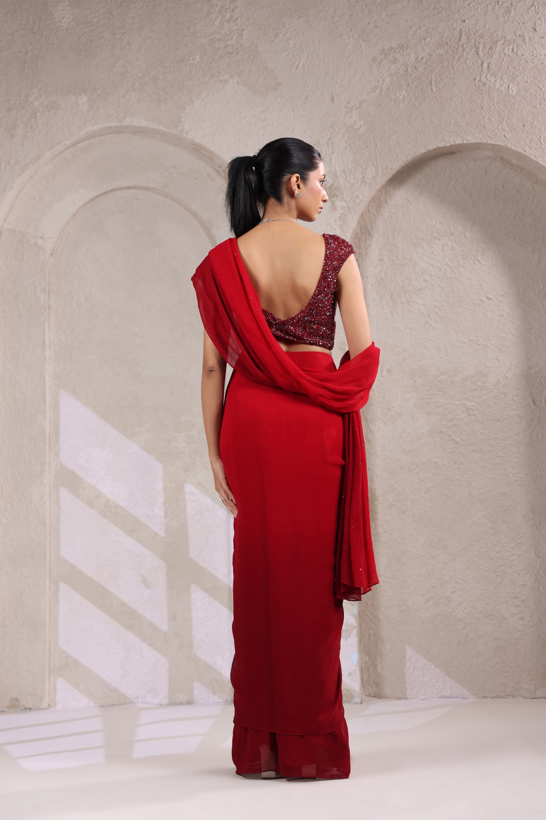 RED OMBRE DRAPED SAREE WITH SPARKLE EMBROIDERY BLOUSE