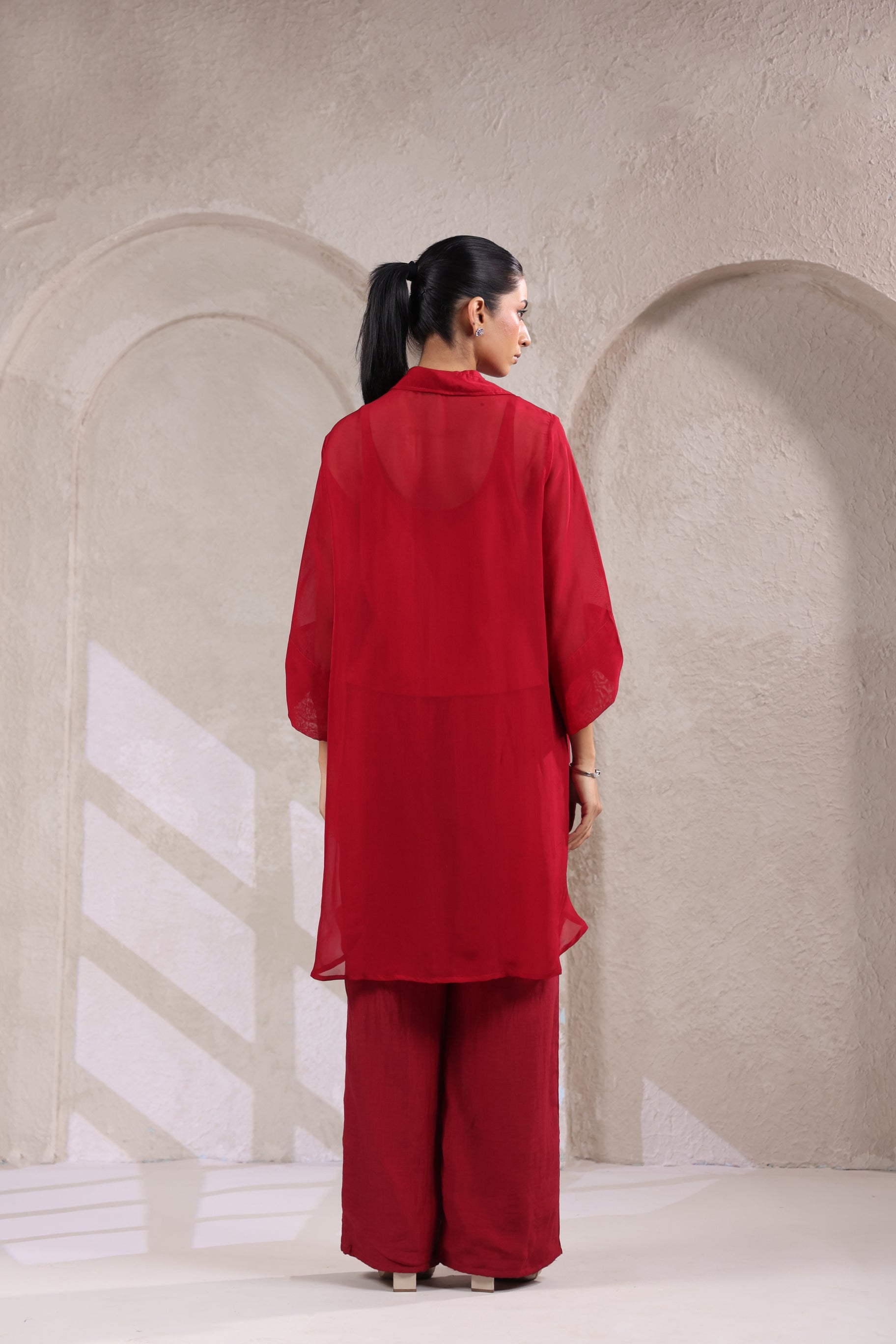 ELEGANT RED EMBROIDERED CHIFFON ENSEMBLE.