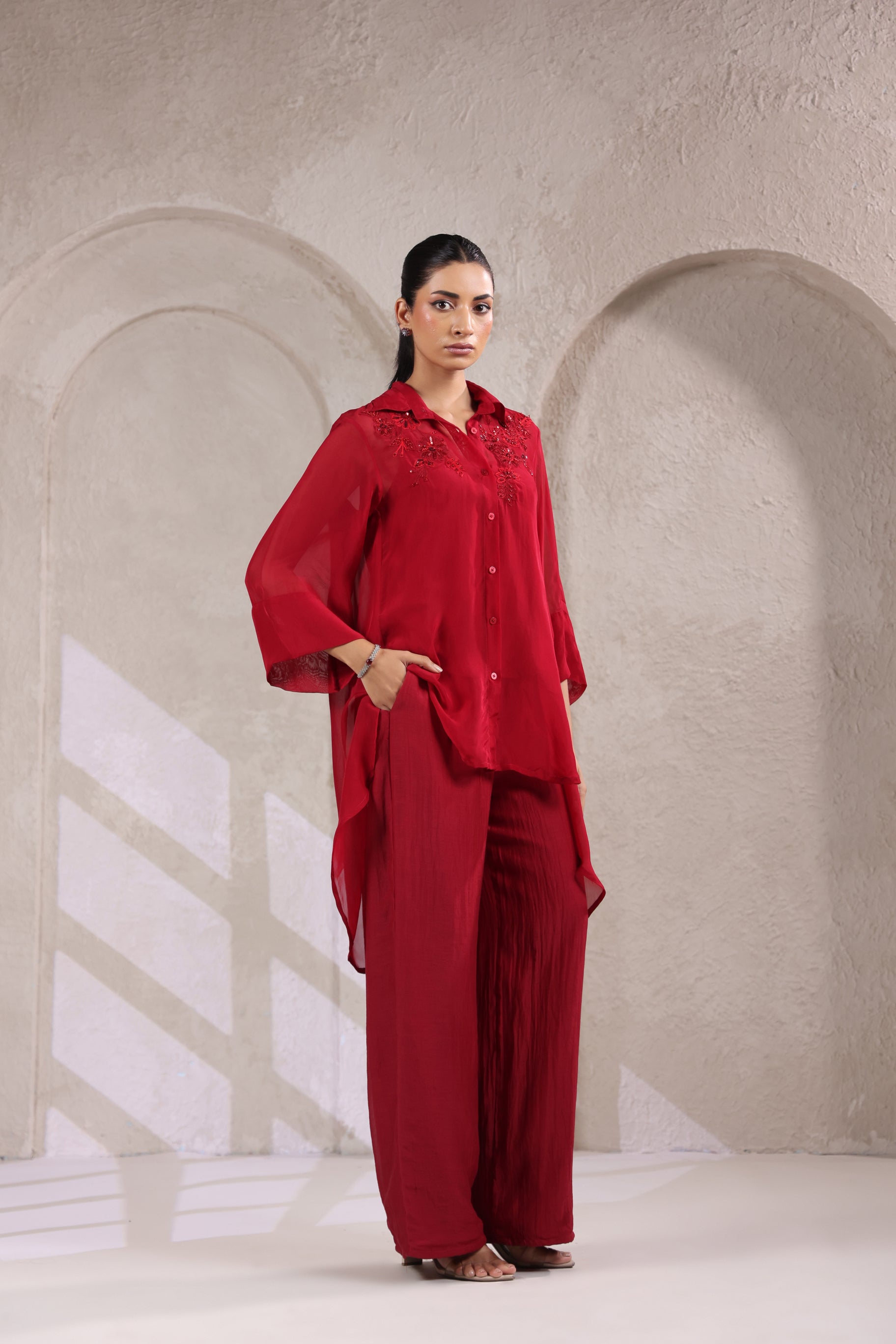ELEGANT RED EMBROIDERED CHIFFON ENSEMBLE.