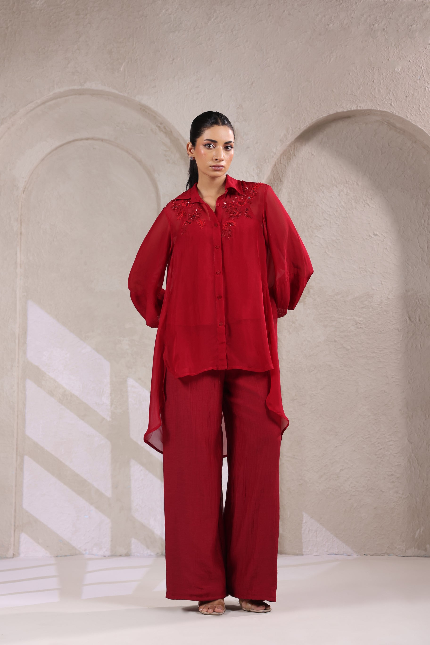 ELEGANT RED EMBROIDERED CHIFFON ENSEMBLE.