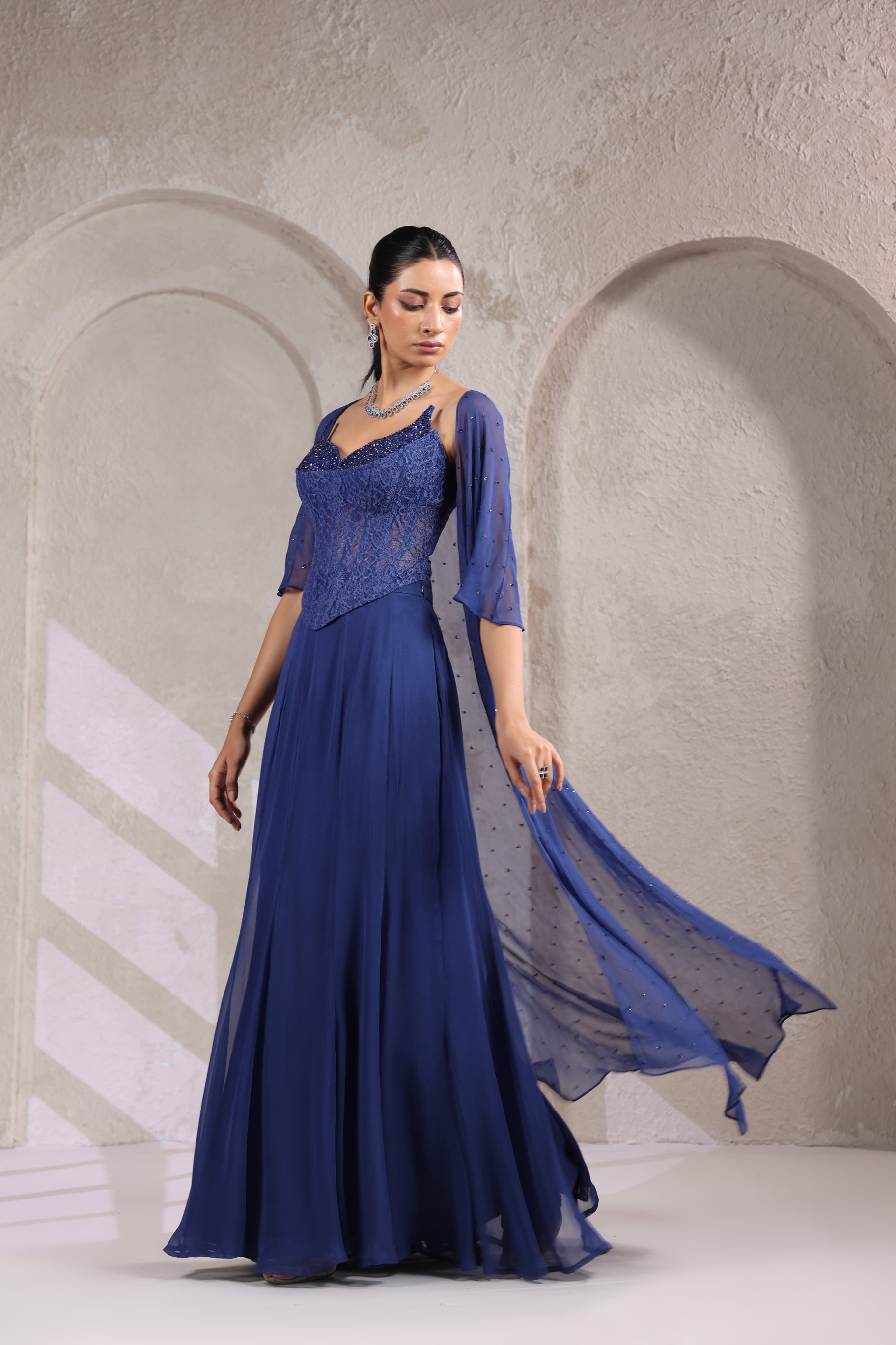 ROYAL BLUE CORSET CAPE SET WITH FISH CUT SKIRT.