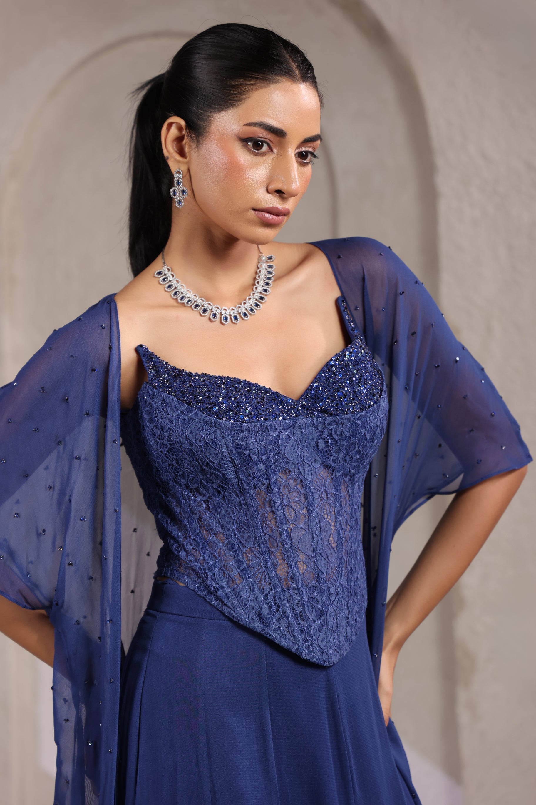 ROYAL BLUE CORSET CAPE SET WITH FISH CUT SKIRT.