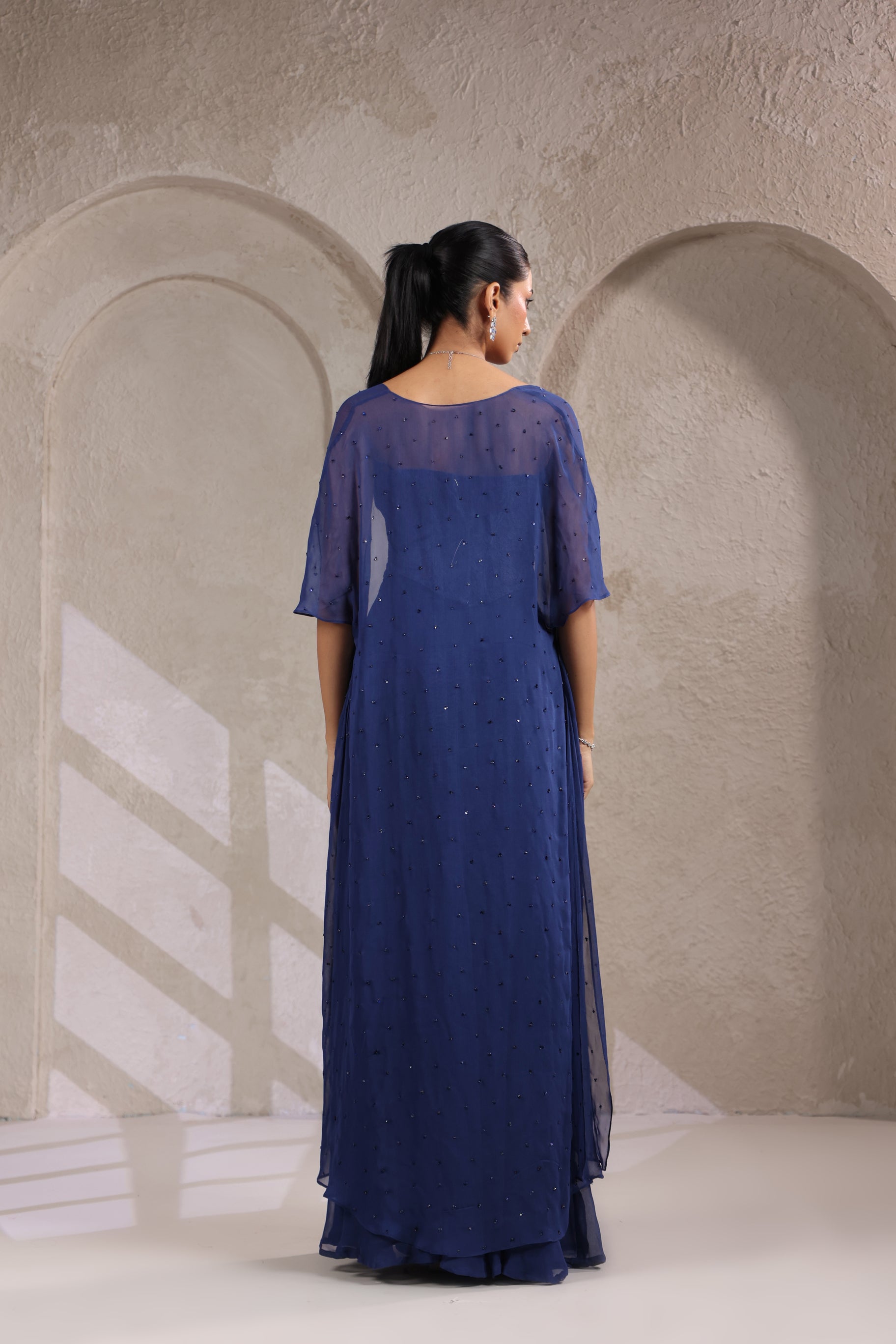 ROYAL BLUE CORSET CAPE SET WITH FISH CUT SKIRT.