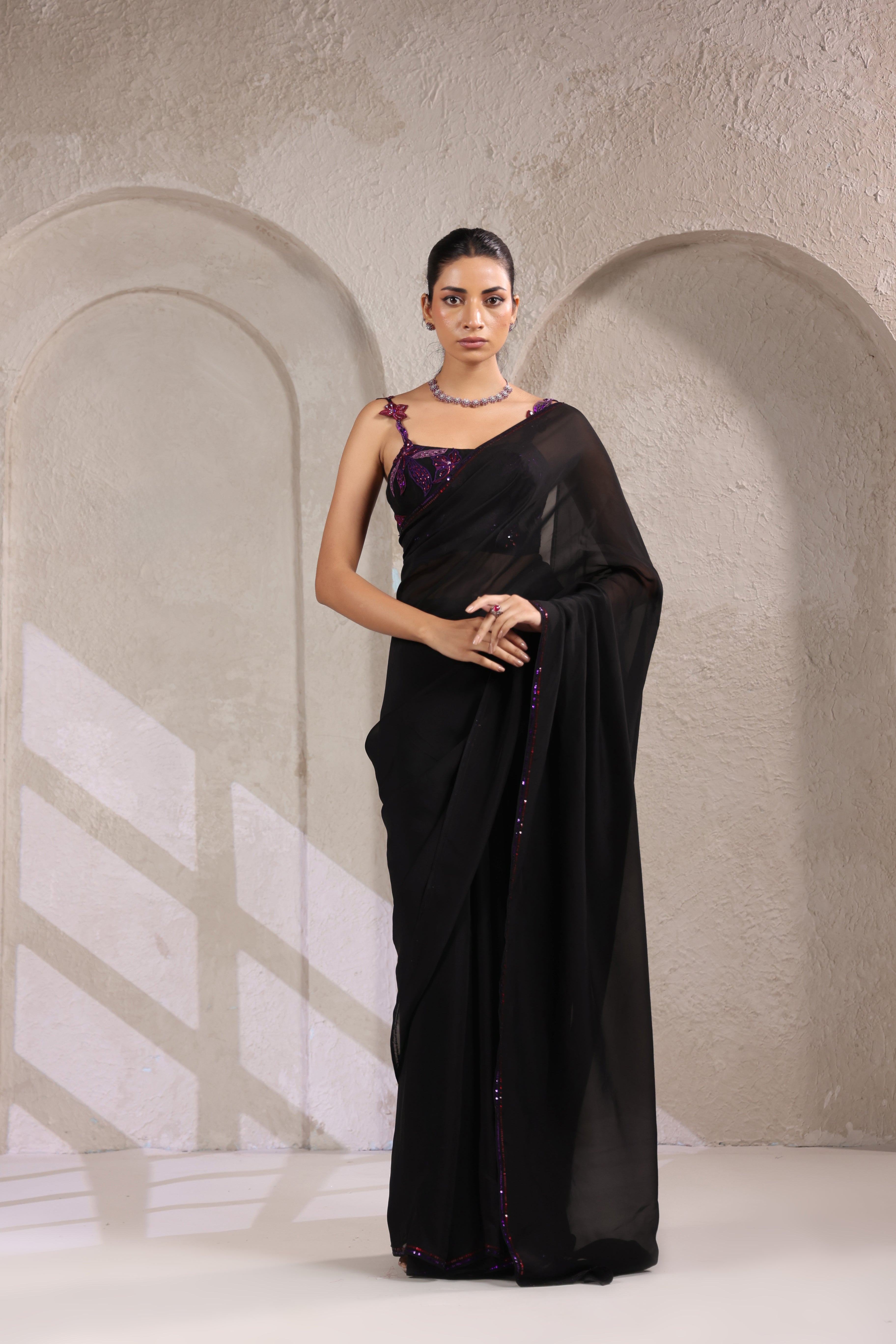 BLACK SAREE WITH SEQUIN DETAILING & STYLISH BLOUSE.