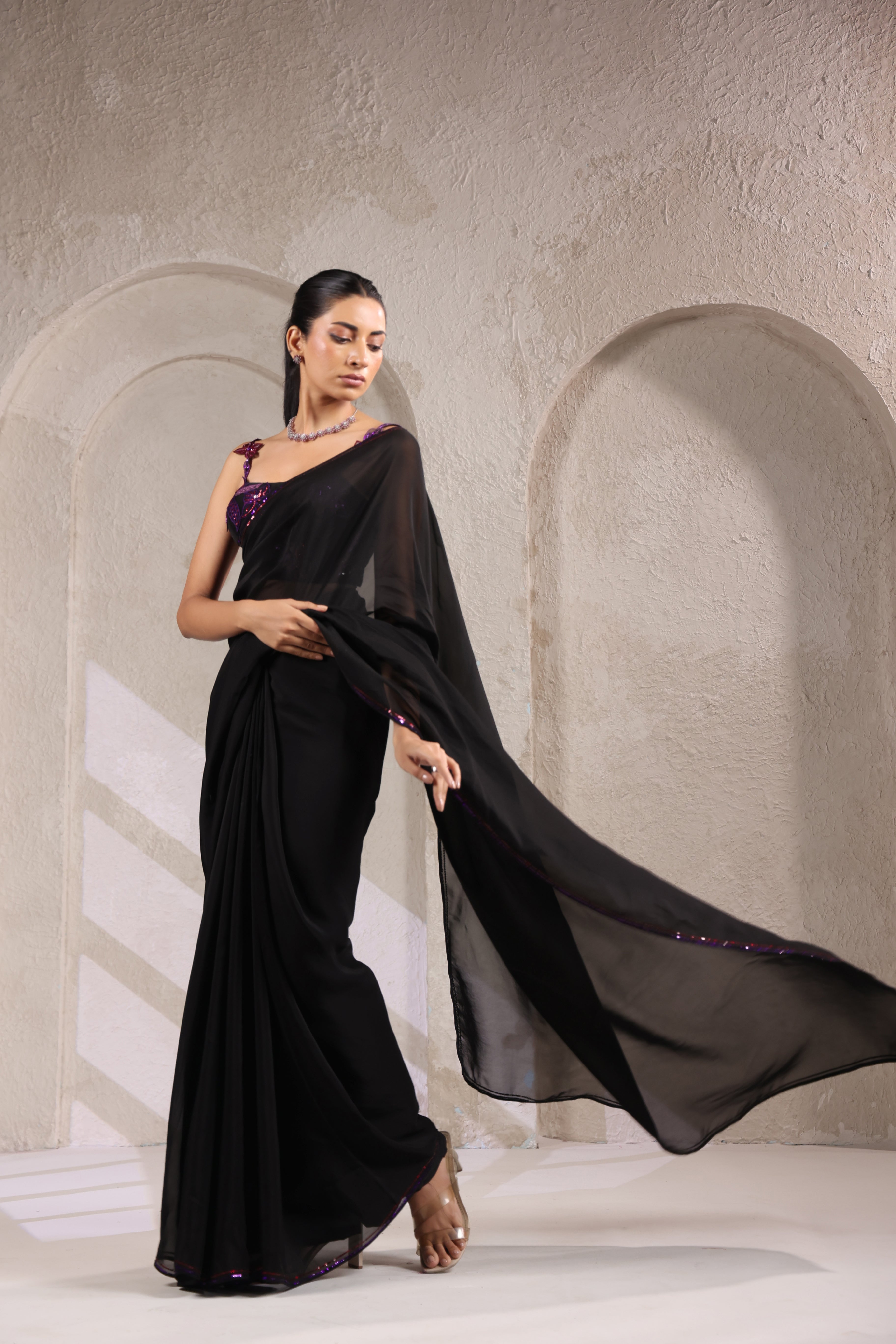 BLACK SAREE WITH SEQUIN DETAILING & STYLISH BLOUSE.