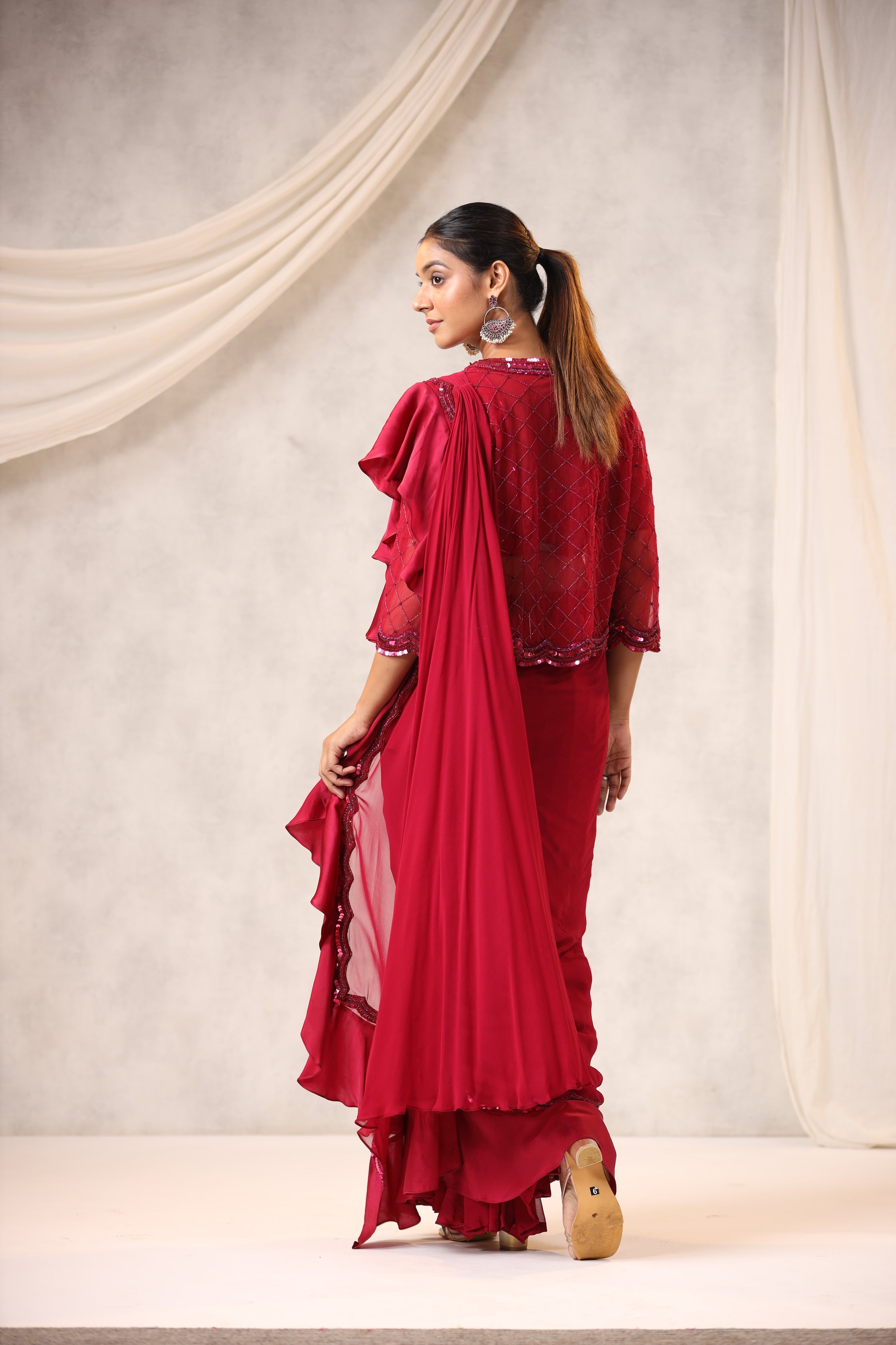 Maroon Georgette Draped Jacket Saree Set