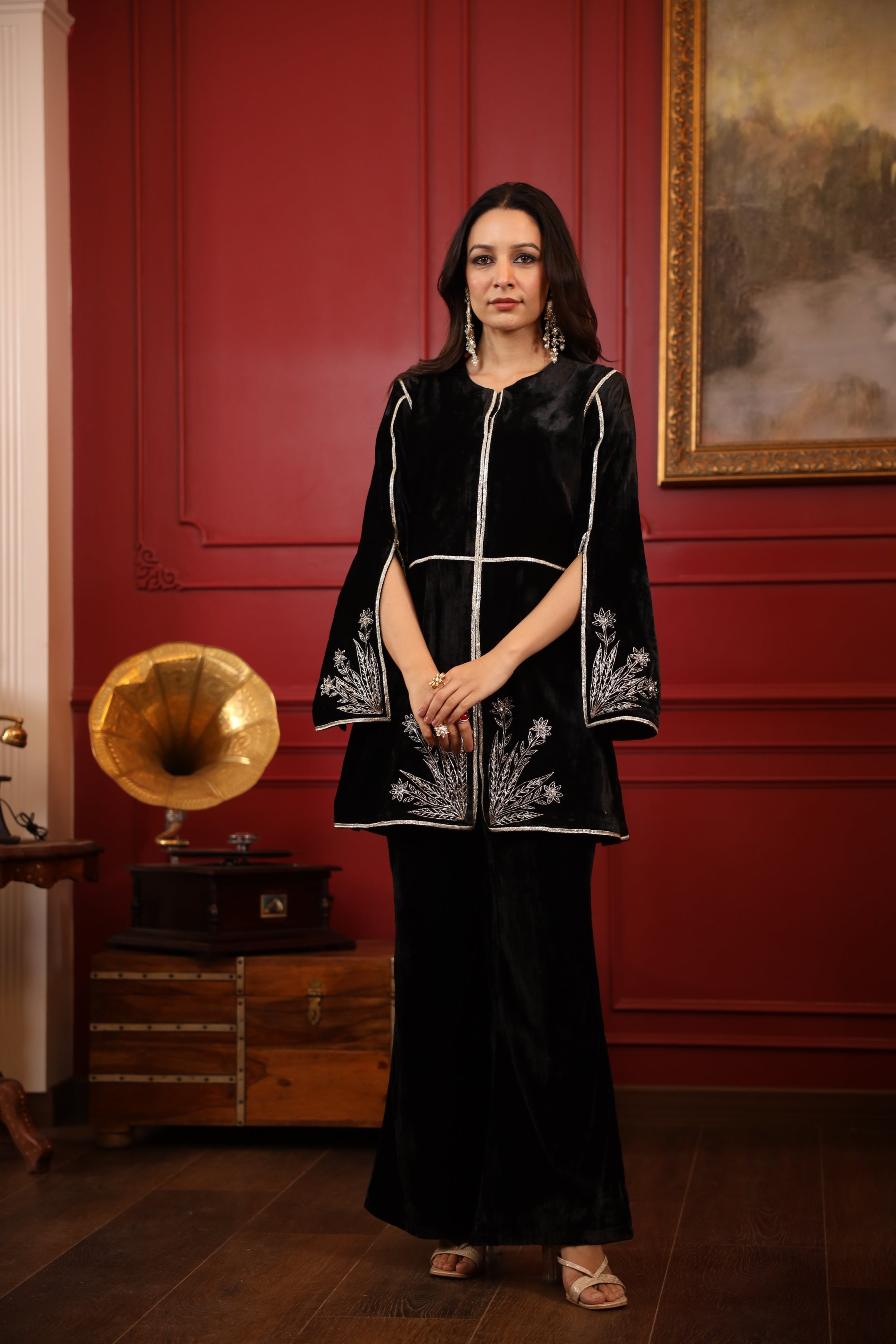 Black velvet embroidered co-ord- set