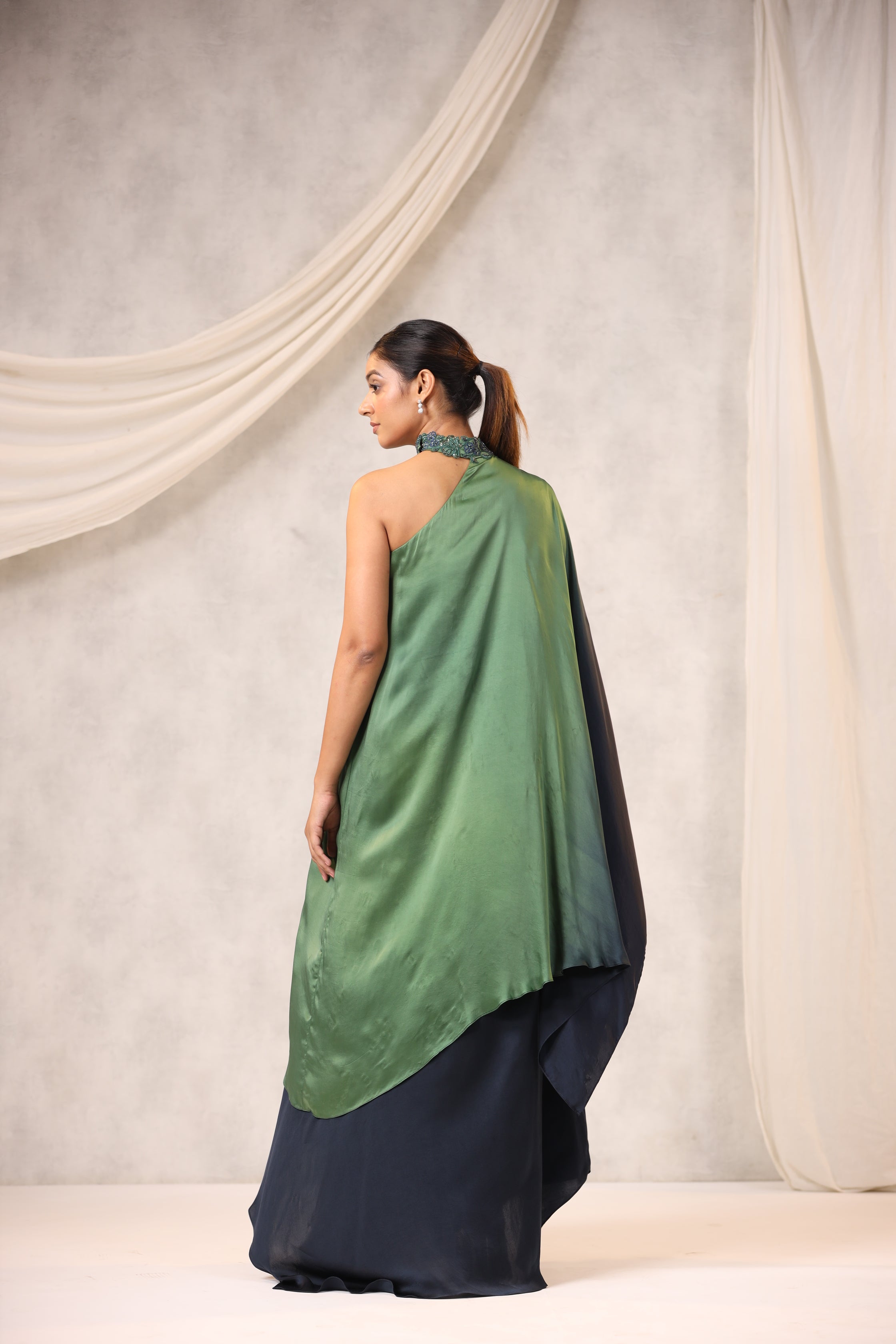 Blue satin One-shoulder Embroidered Maxi Dress