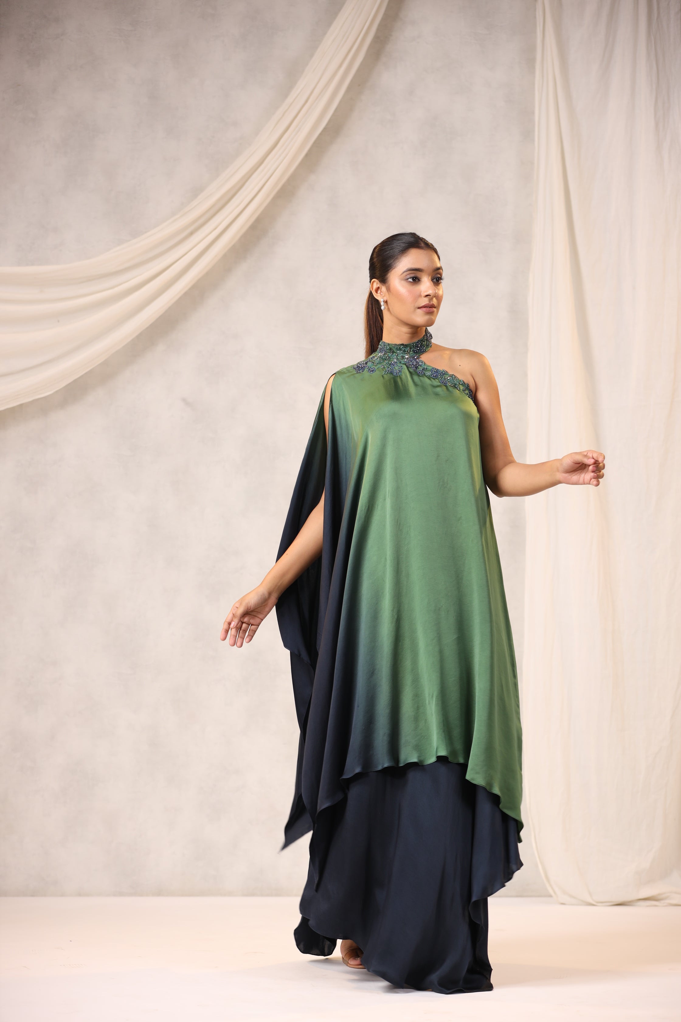 Blue satin One-shoulder Embroidered Maxi Dress