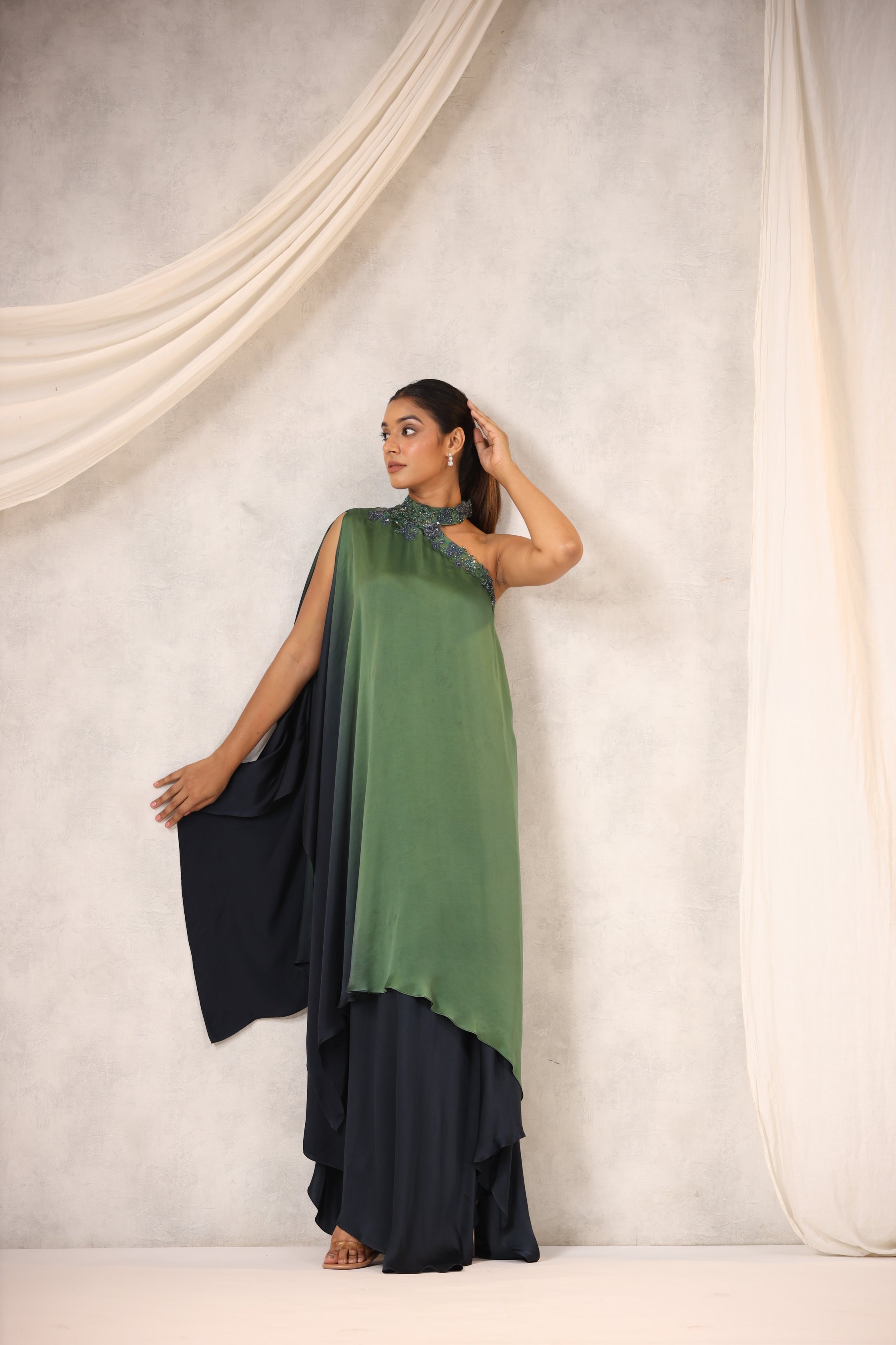 Blue satin One-shoulder Embroidered Maxi Dress