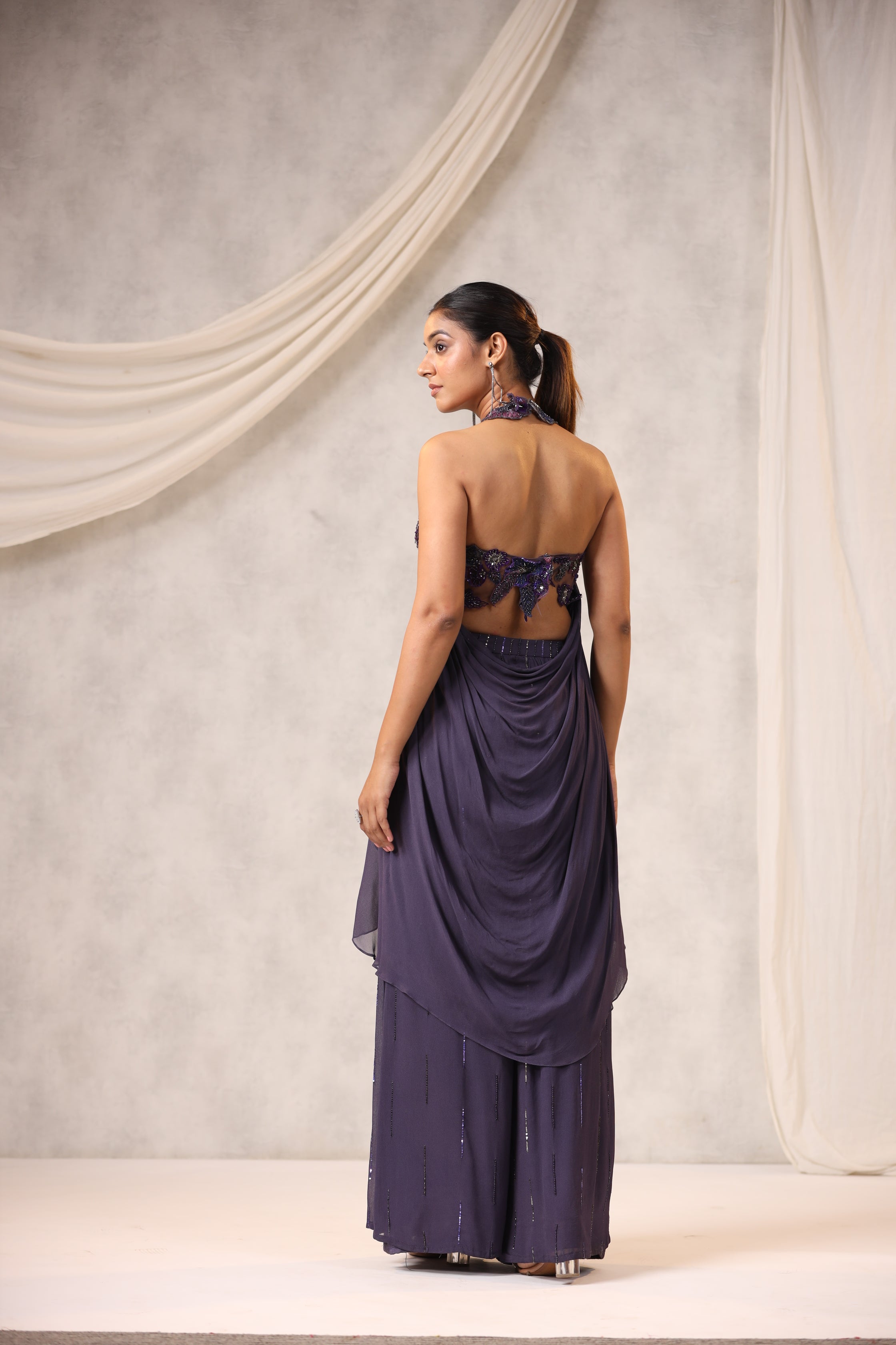 Wine Zero Net Sequins Embroidered Top Pant Set