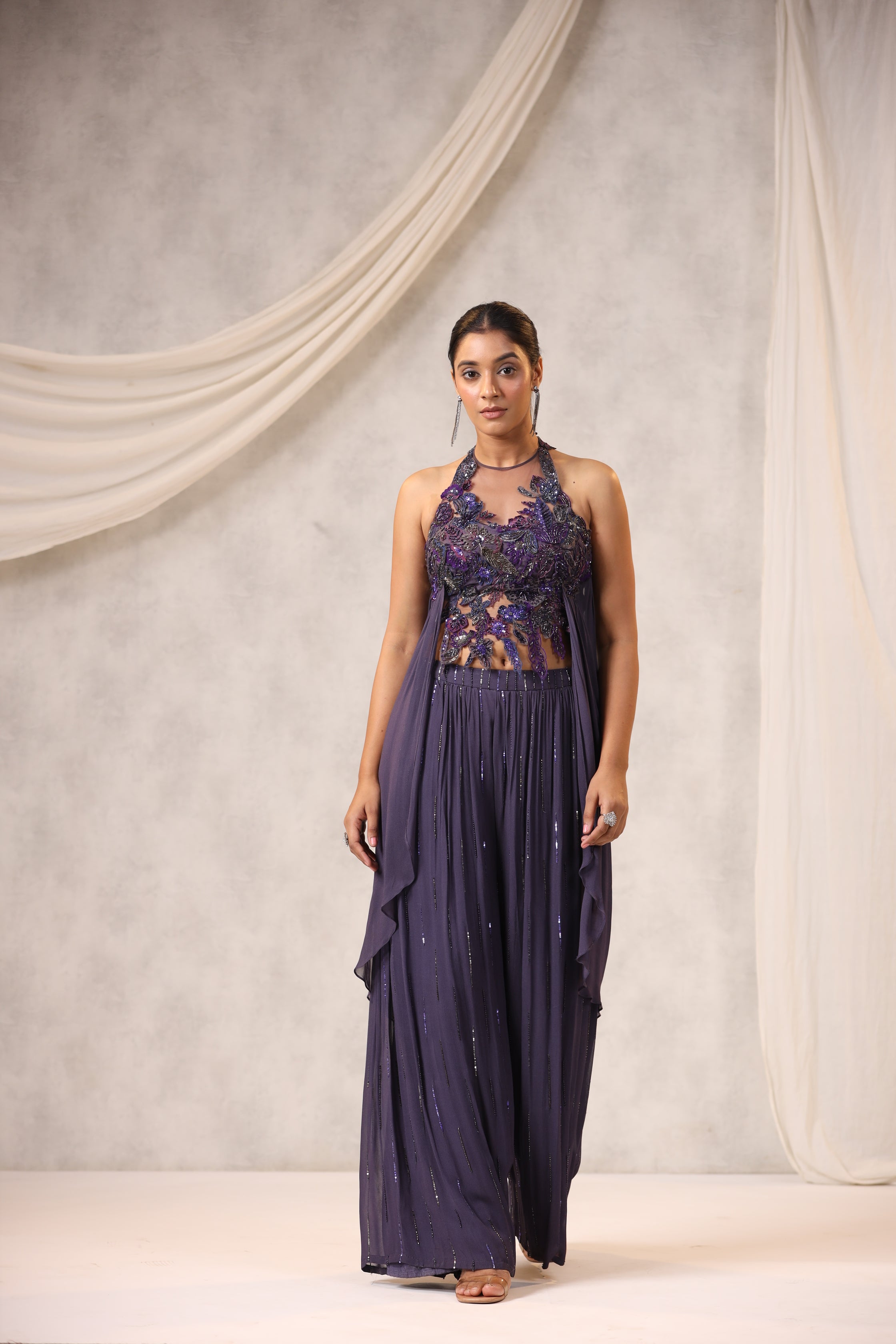 Wine Zero Net Sequins Embroidered Top Pant Set