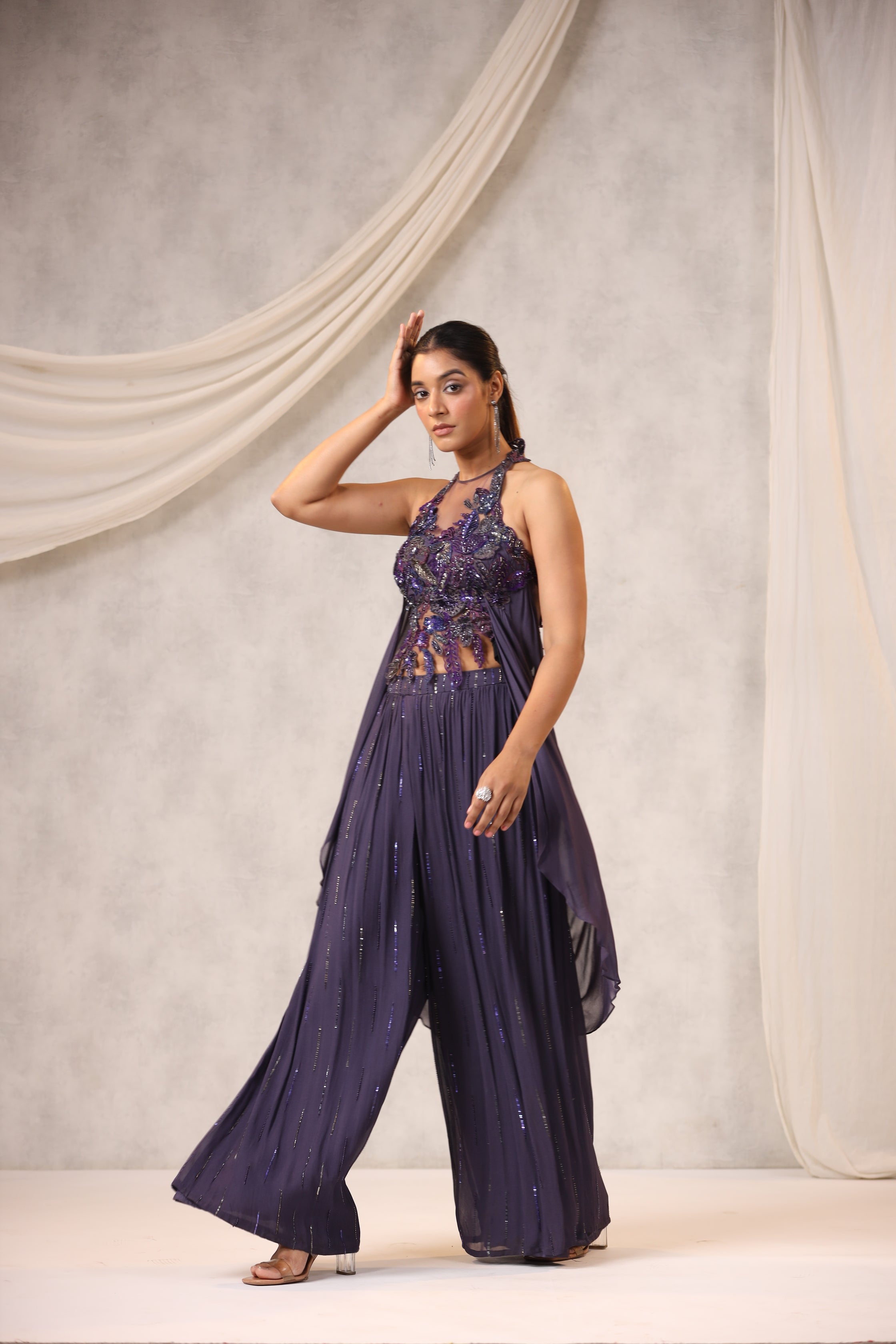 Wine Zero Net Sequins Embroidered Top Pant Set