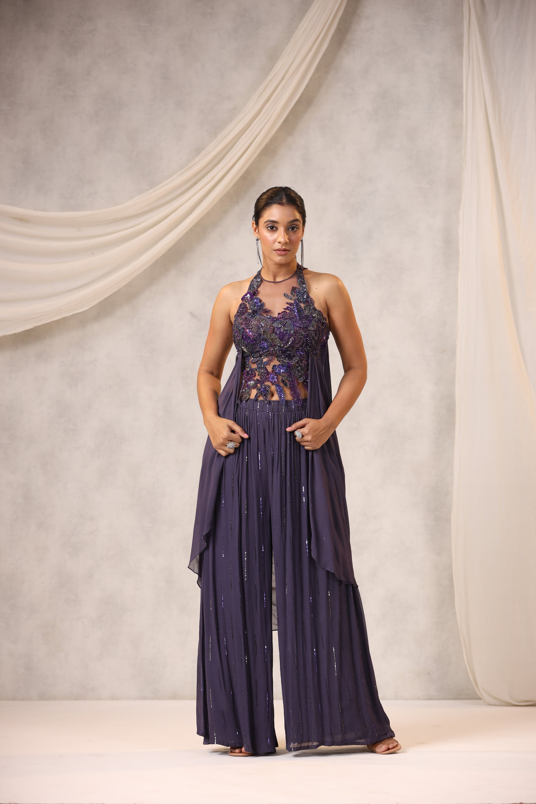 Wine Zero Net Sequins Embroidered Top Pant Set