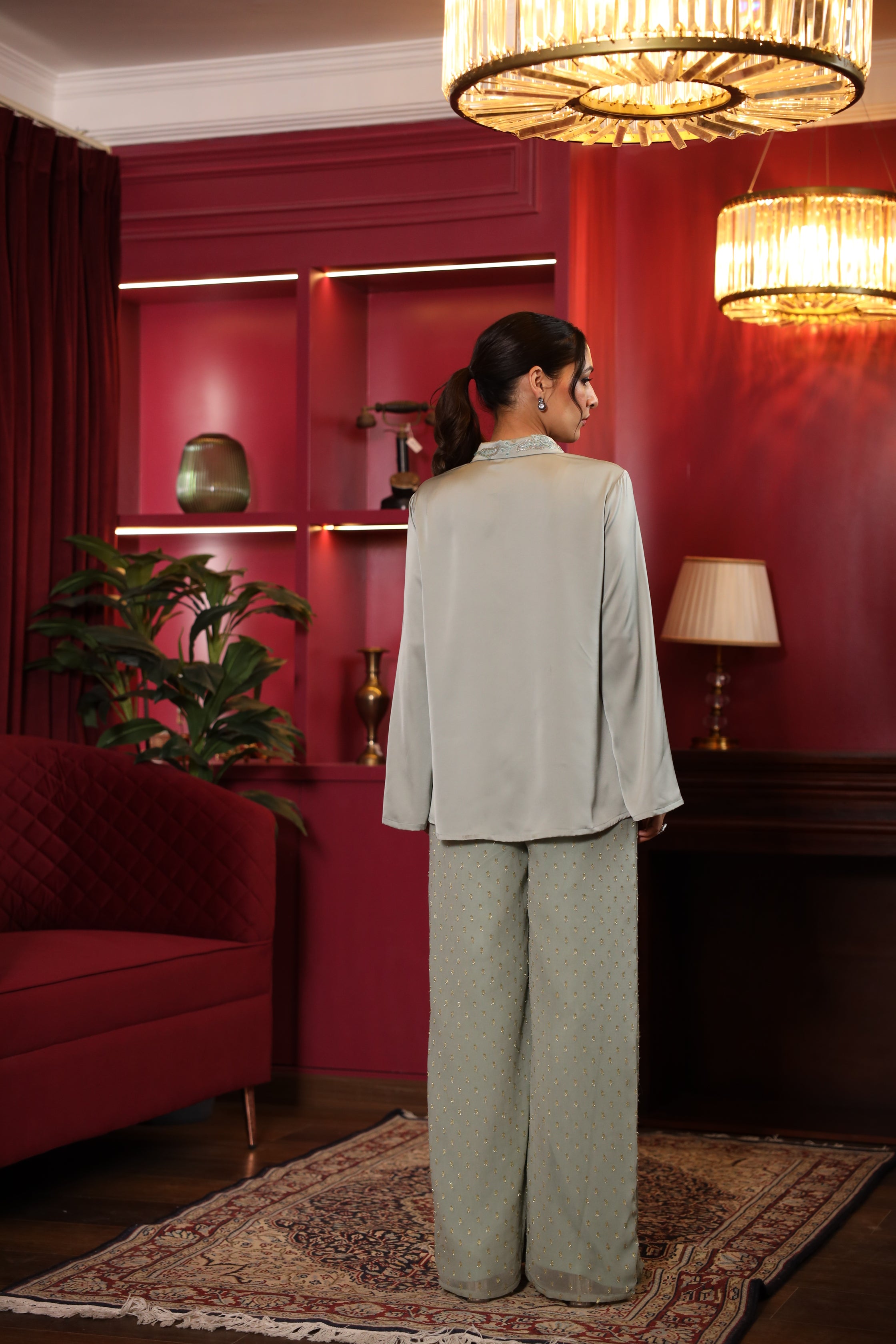 SAGE GREEN EMBROIDERED SHINY CO ORD SET