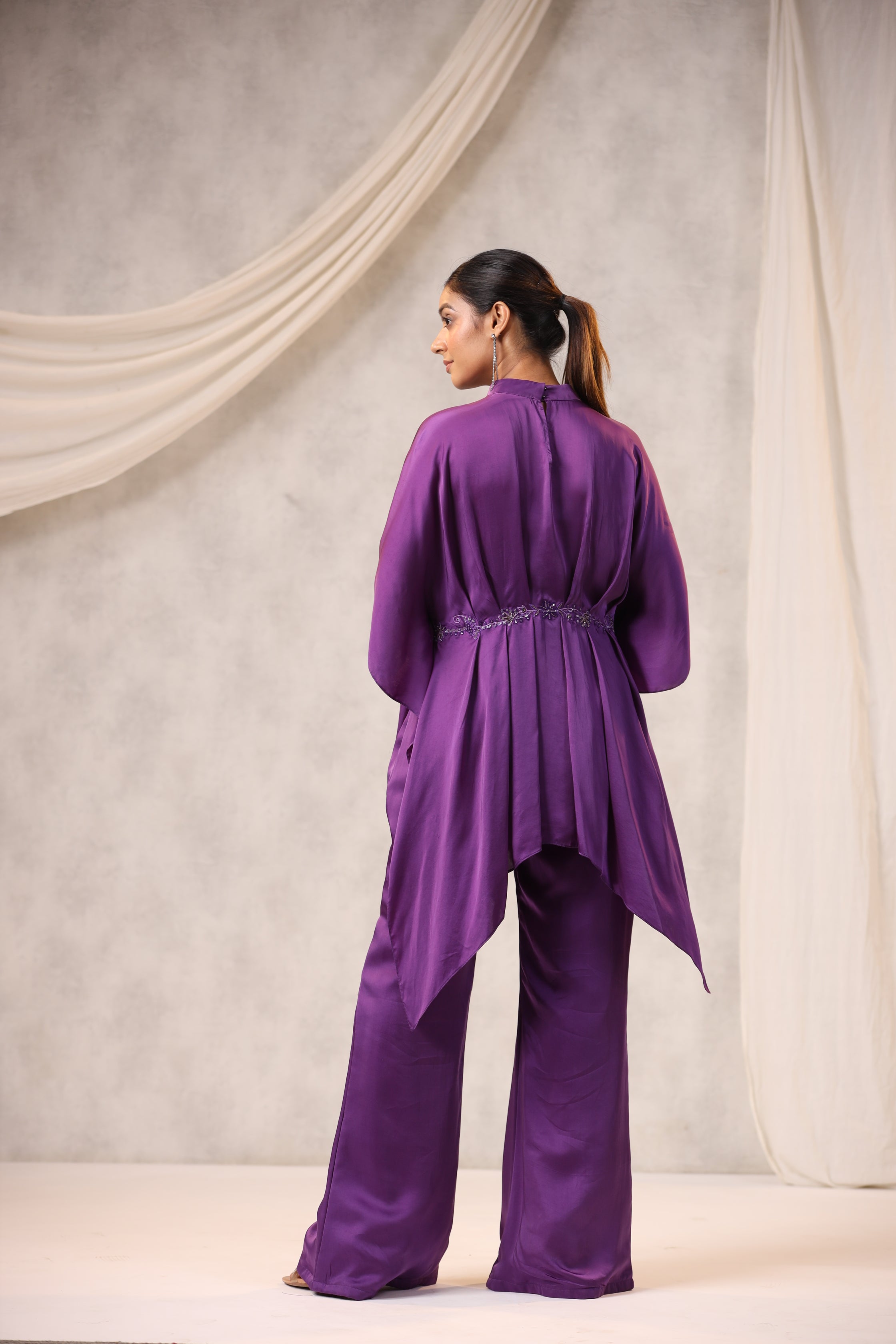 PURPLE SATIN CO ORD SET WITH FLORAL EMBROIDERY