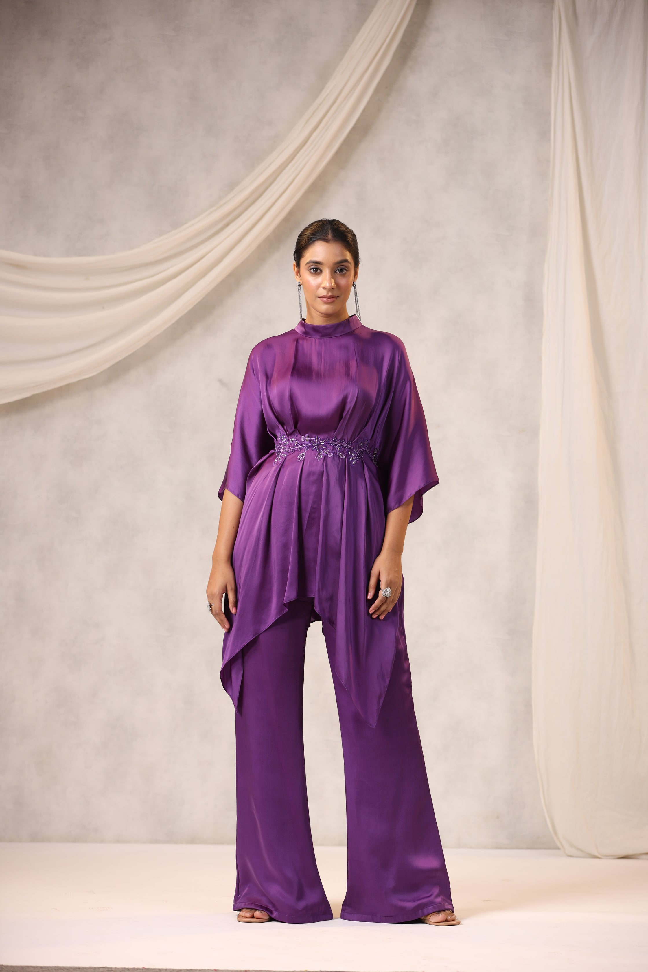 PURPLE SATIN CO ORD SET WITH FLORAL EMBROIDERY