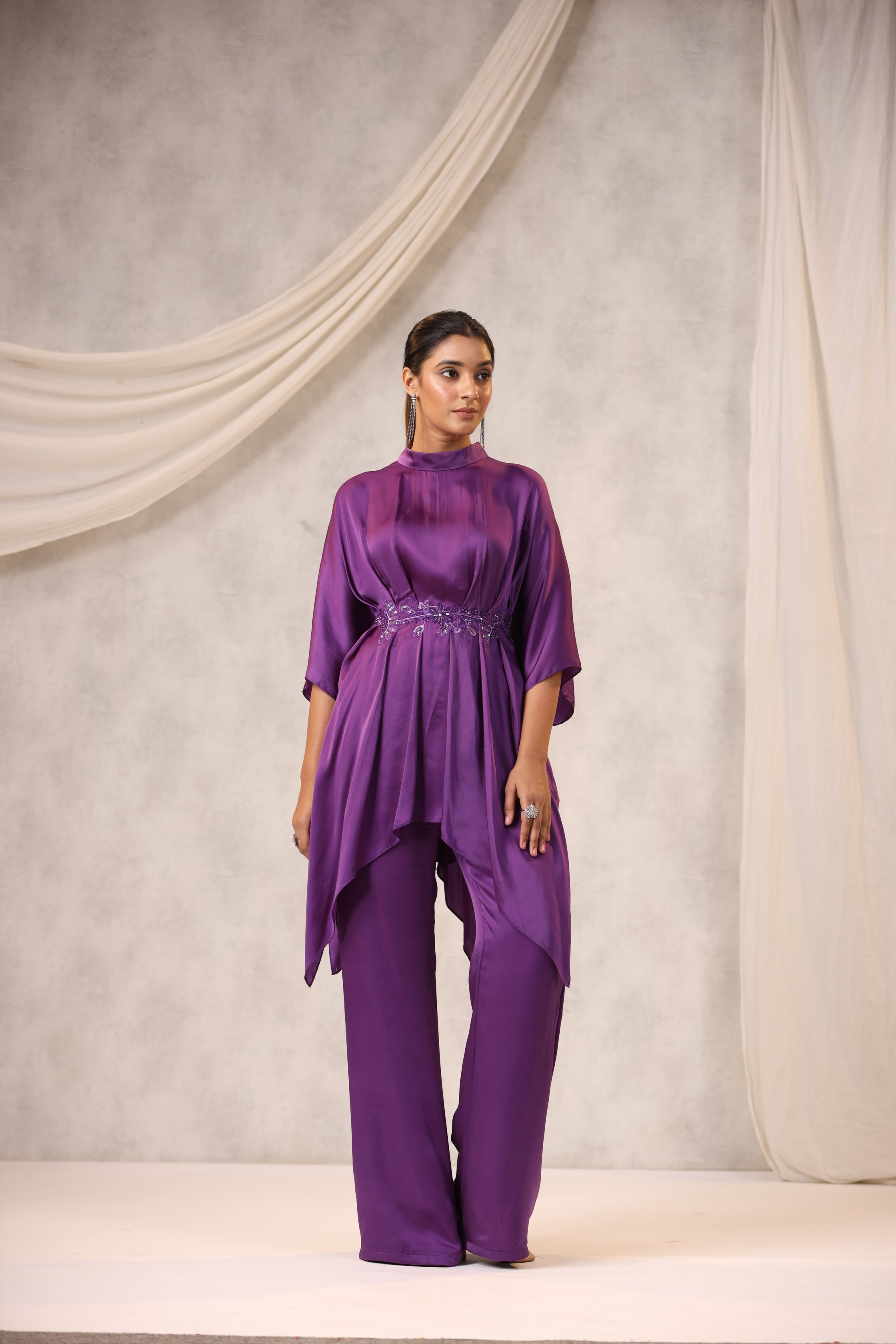 PURPLE SATIN CO ORD SET WITH FLORAL EMBROIDERY