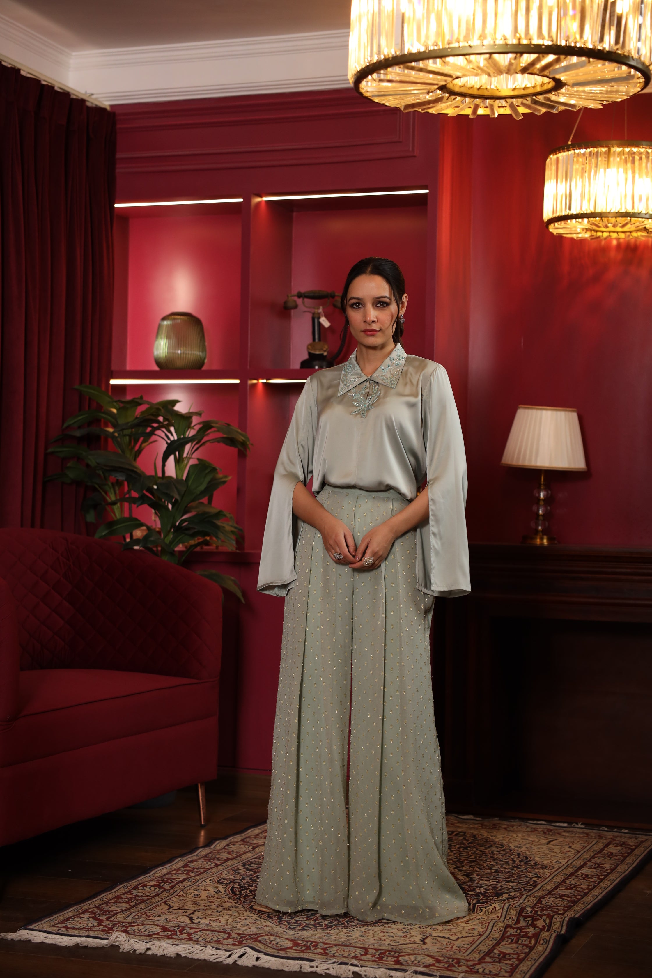 SAGE GREEN EMBROIDERED SHINY CO ORD SET