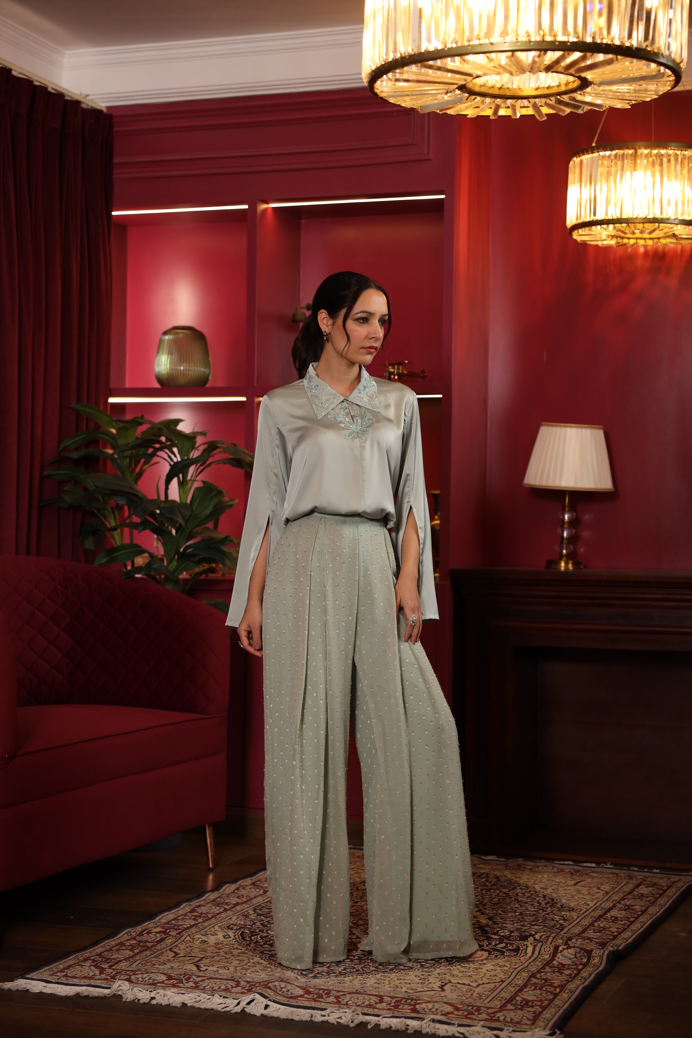 SAGE GREEN EMBROIDERED SHINY CO ORD SET