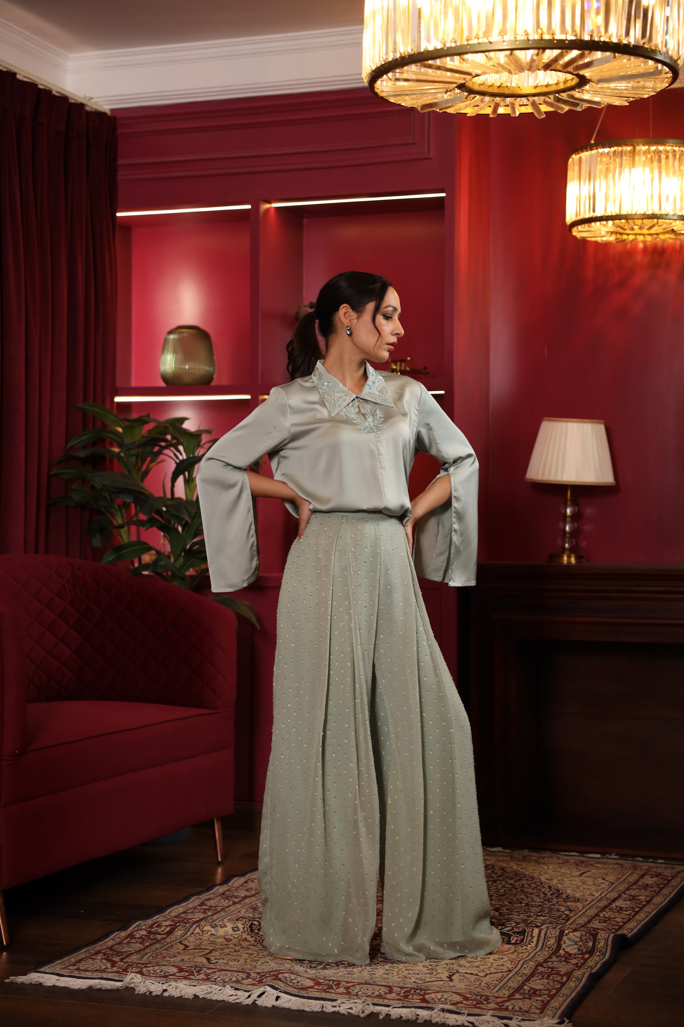 SAGE GREEN EMBROIDERED SHINY CO ORD SET