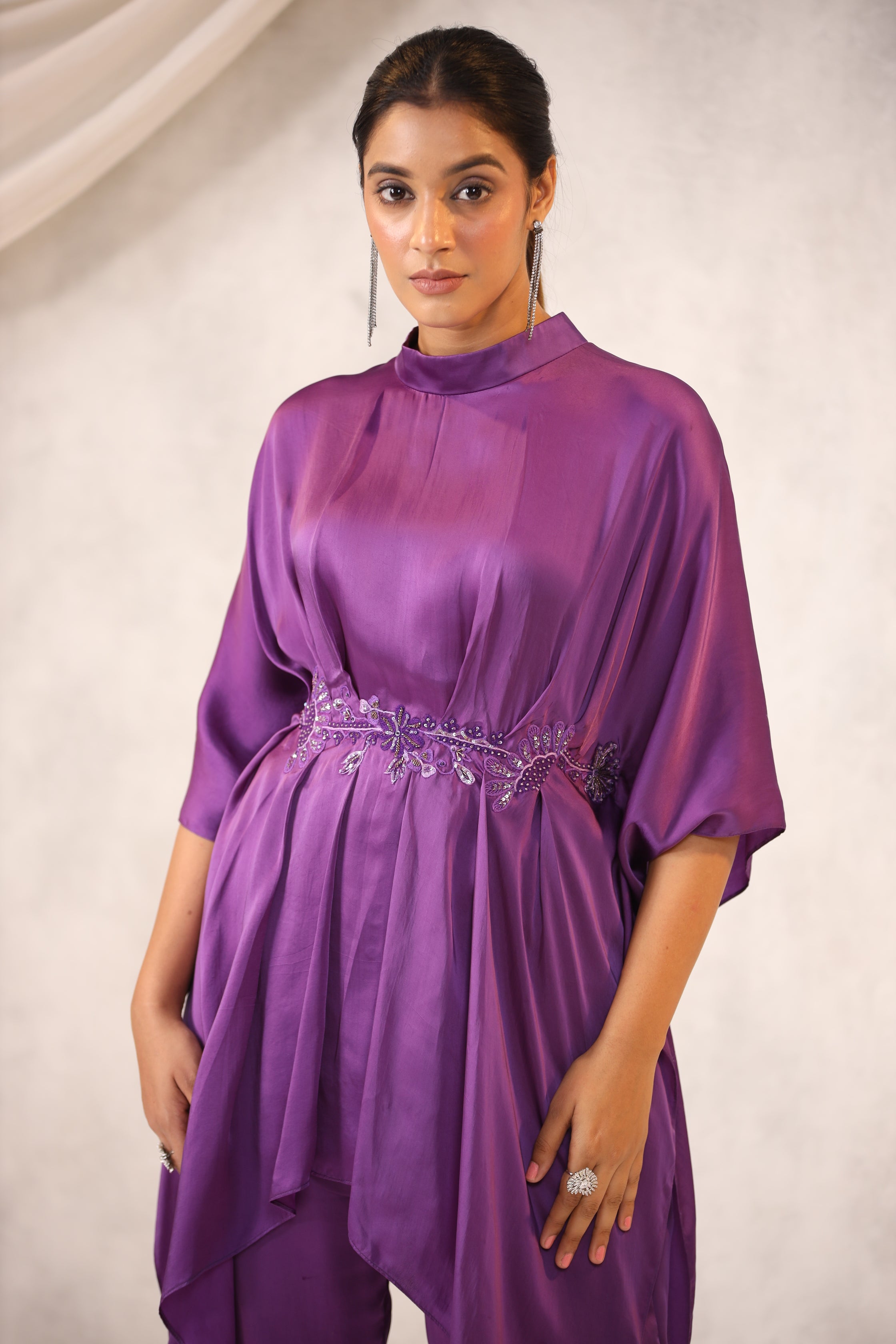 PURPLE SATIN CO ORD SET WITH FLORAL EMBROIDERY