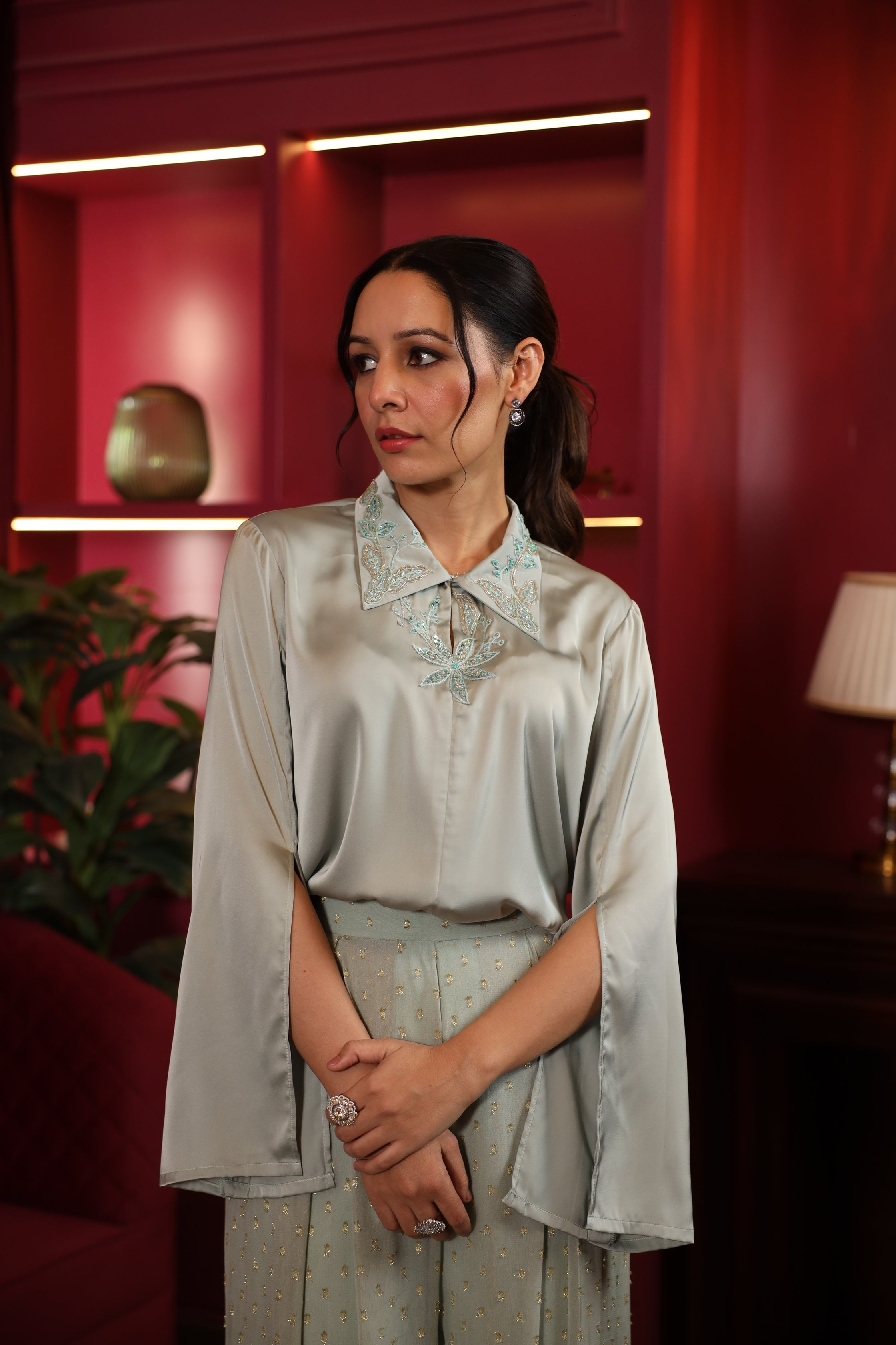 SAGE GREEN EMBROIDERED SHINY CO ORD SET