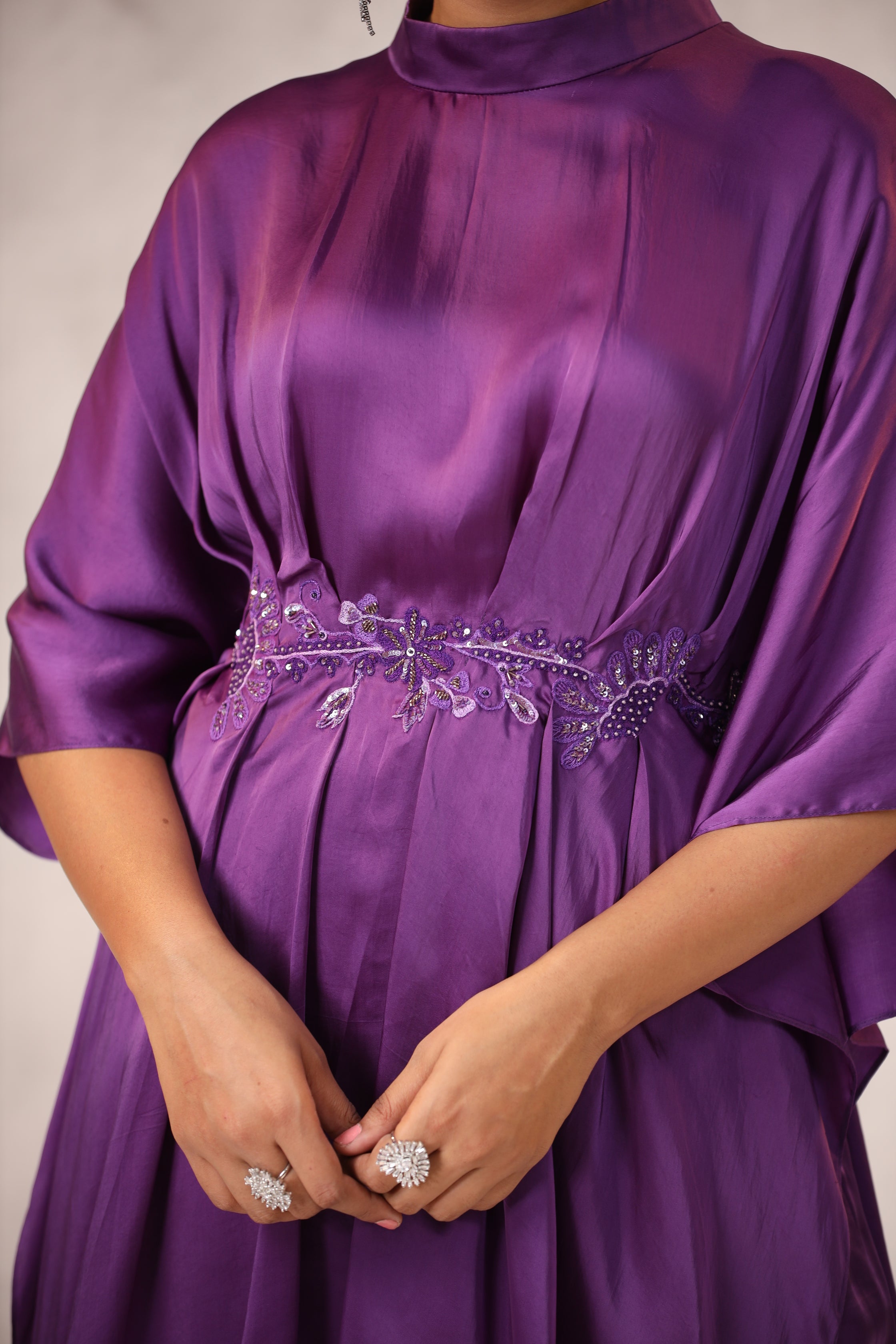 PURPLE SATIN CO ORD SET WITH FLORAL EMBROIDERY