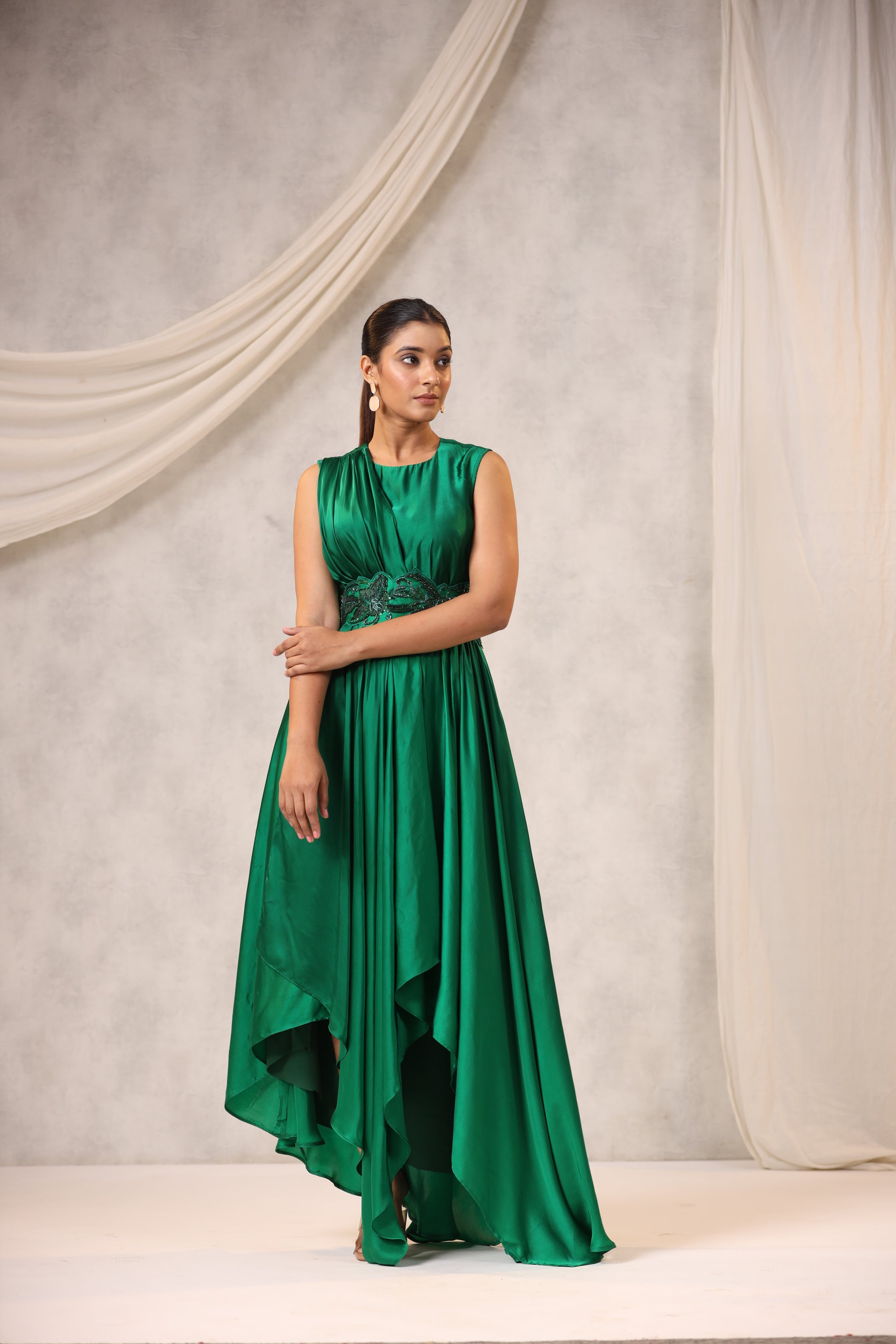 Green Satin Asymmetric Dress