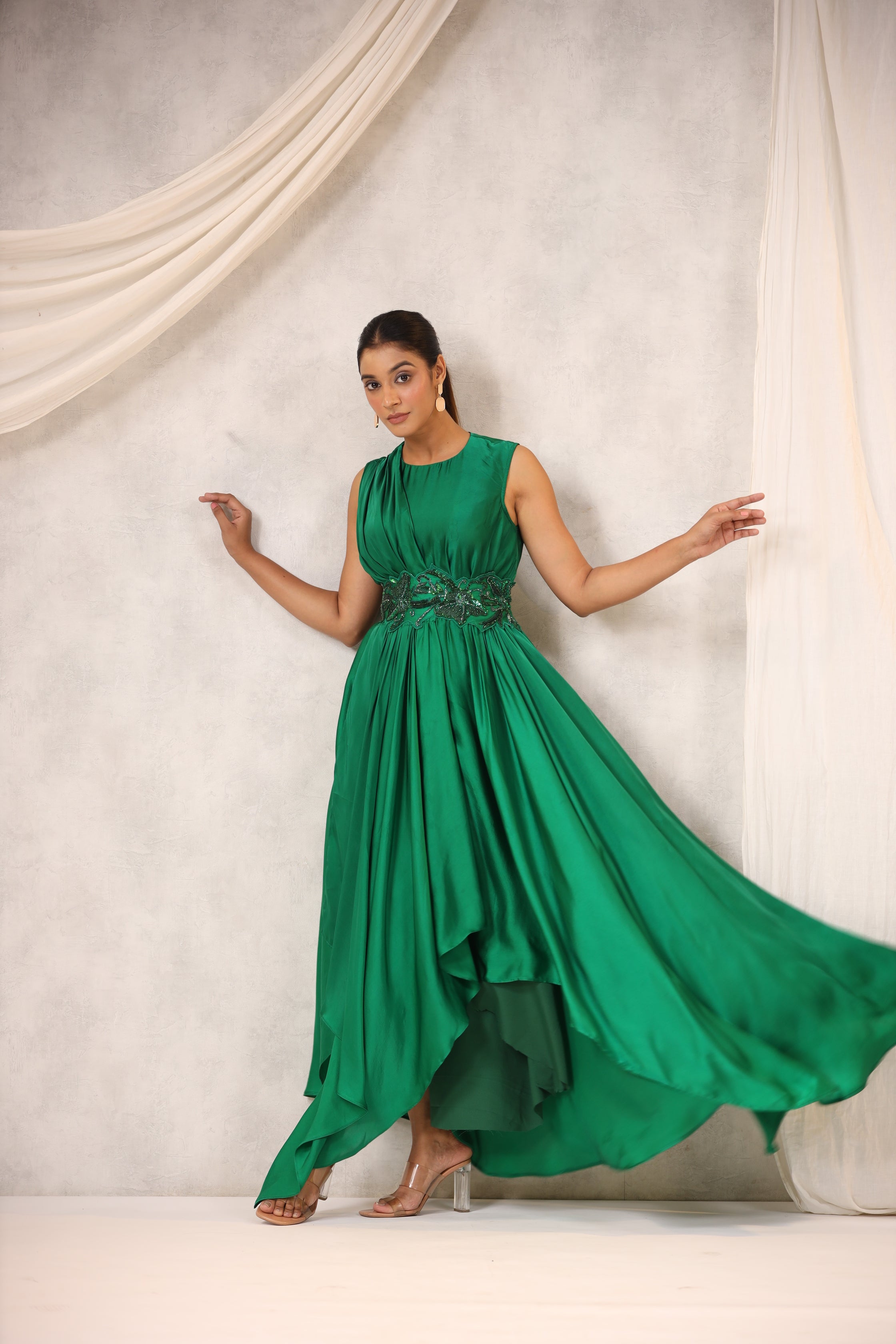 Green Satin Asymmetric Dress