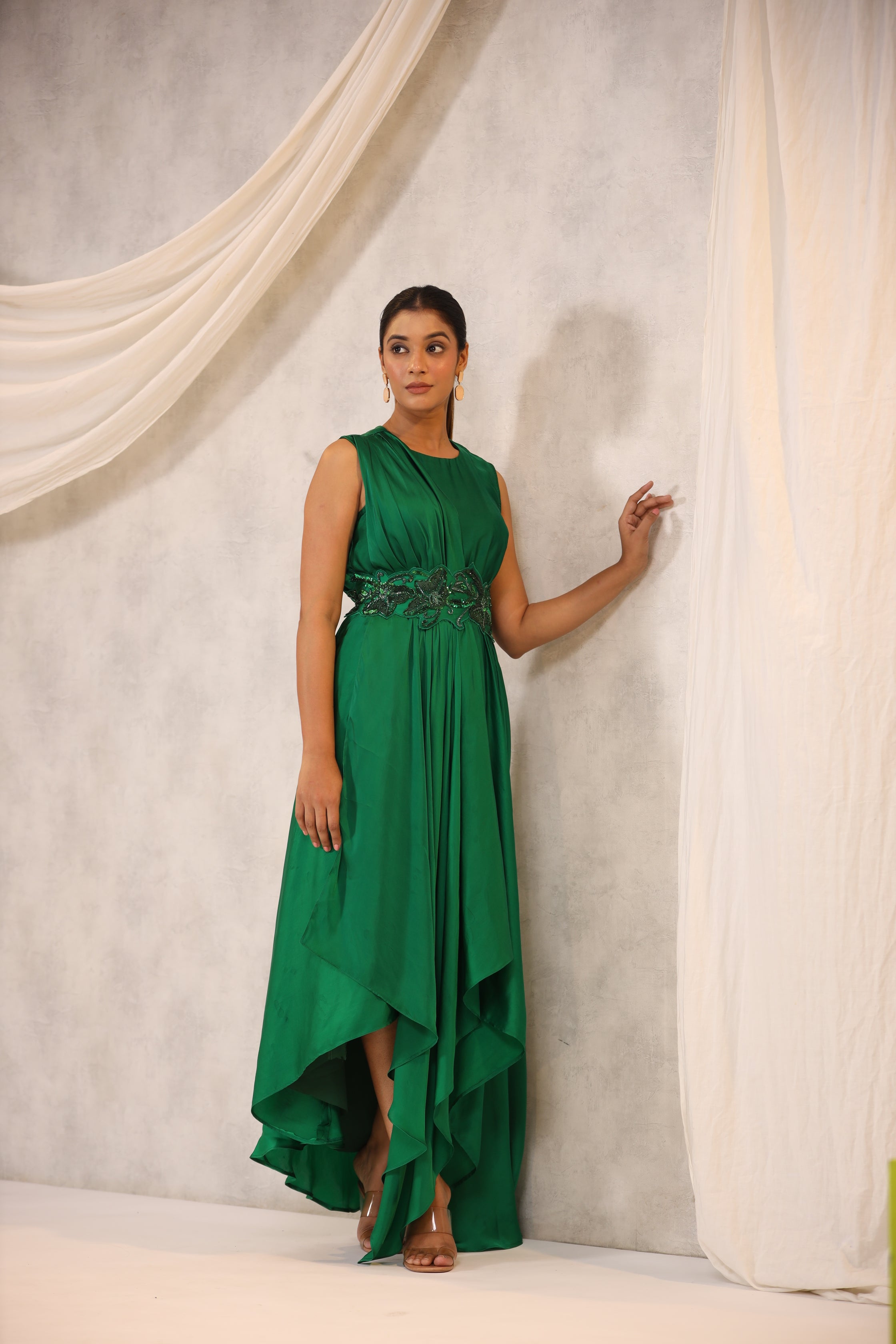 Green Satin Asymmetric Dress