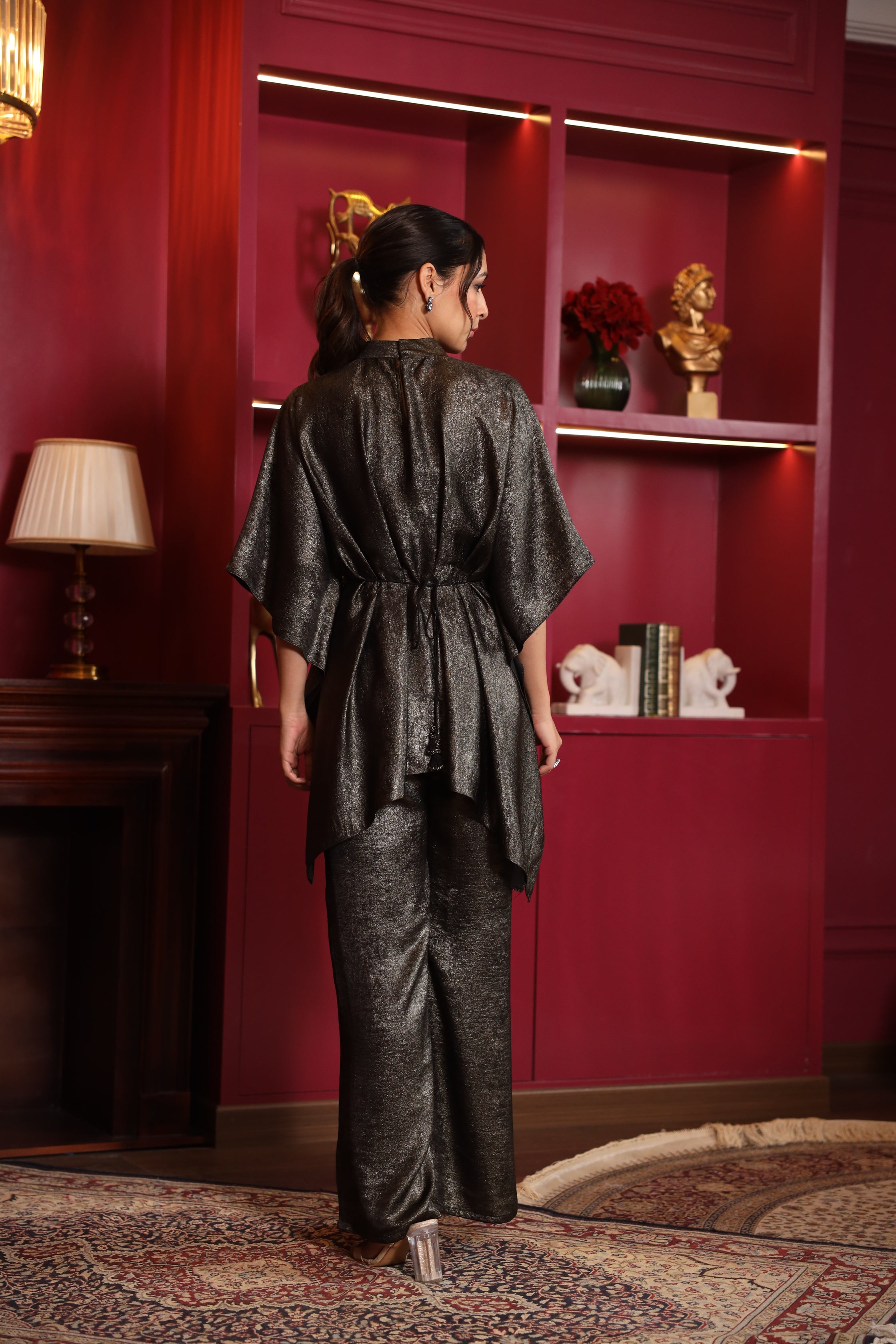 BLACK SHIMMER CO ORD SET WITH FLORAL EMBROIDERY