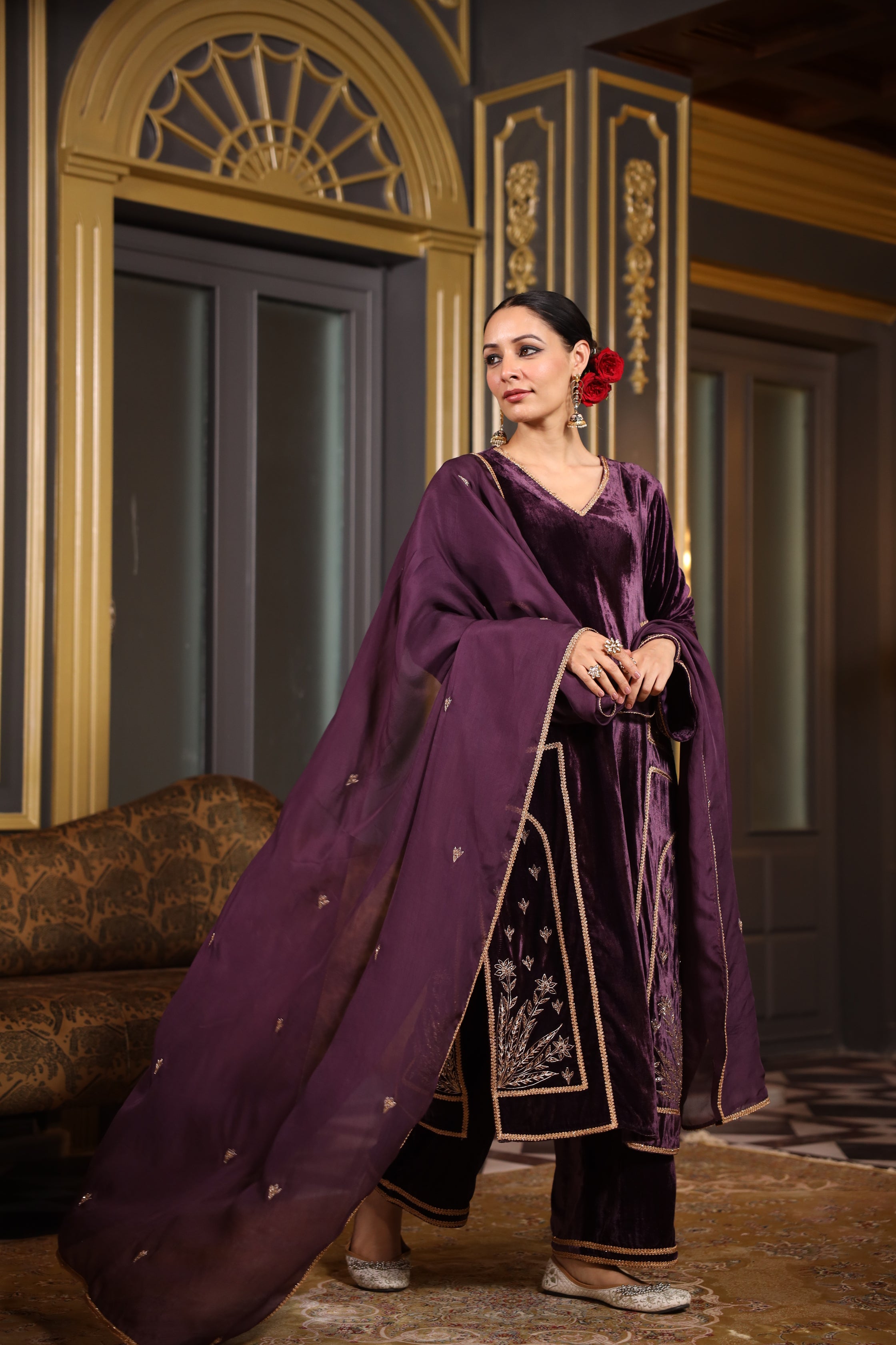 WINE VELVET KURTA SET