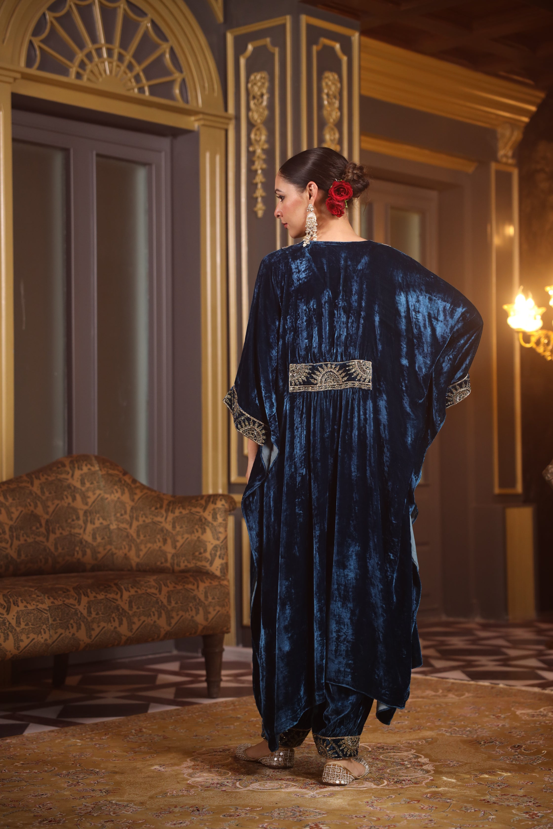 TEAL EMBROIDERED YOKE VELVET KURTA