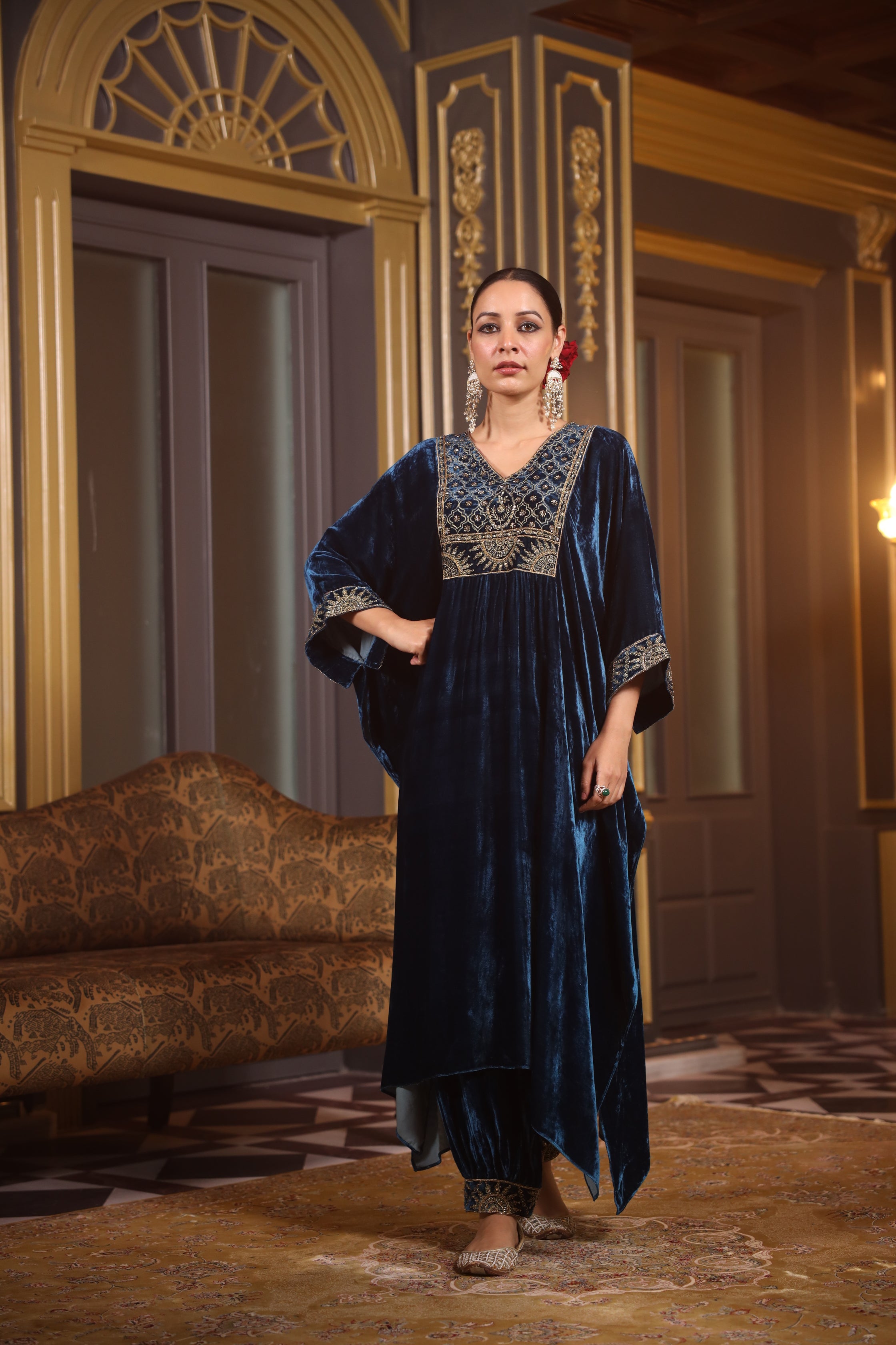 TEAL EMBROIDERED YOKE VELVET KURTA