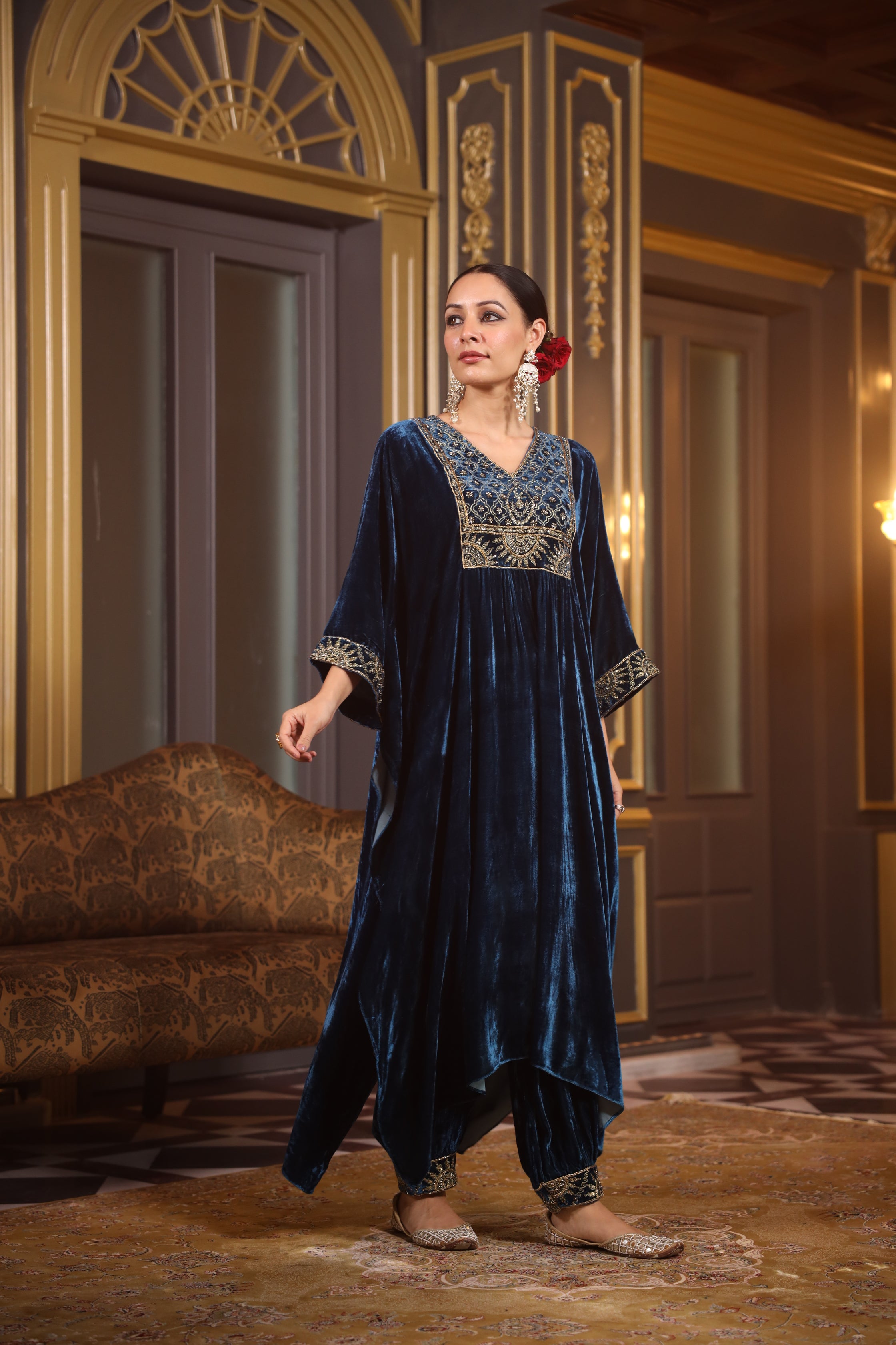 TEAL EMBROIDERED YOKE VELVET KURTA