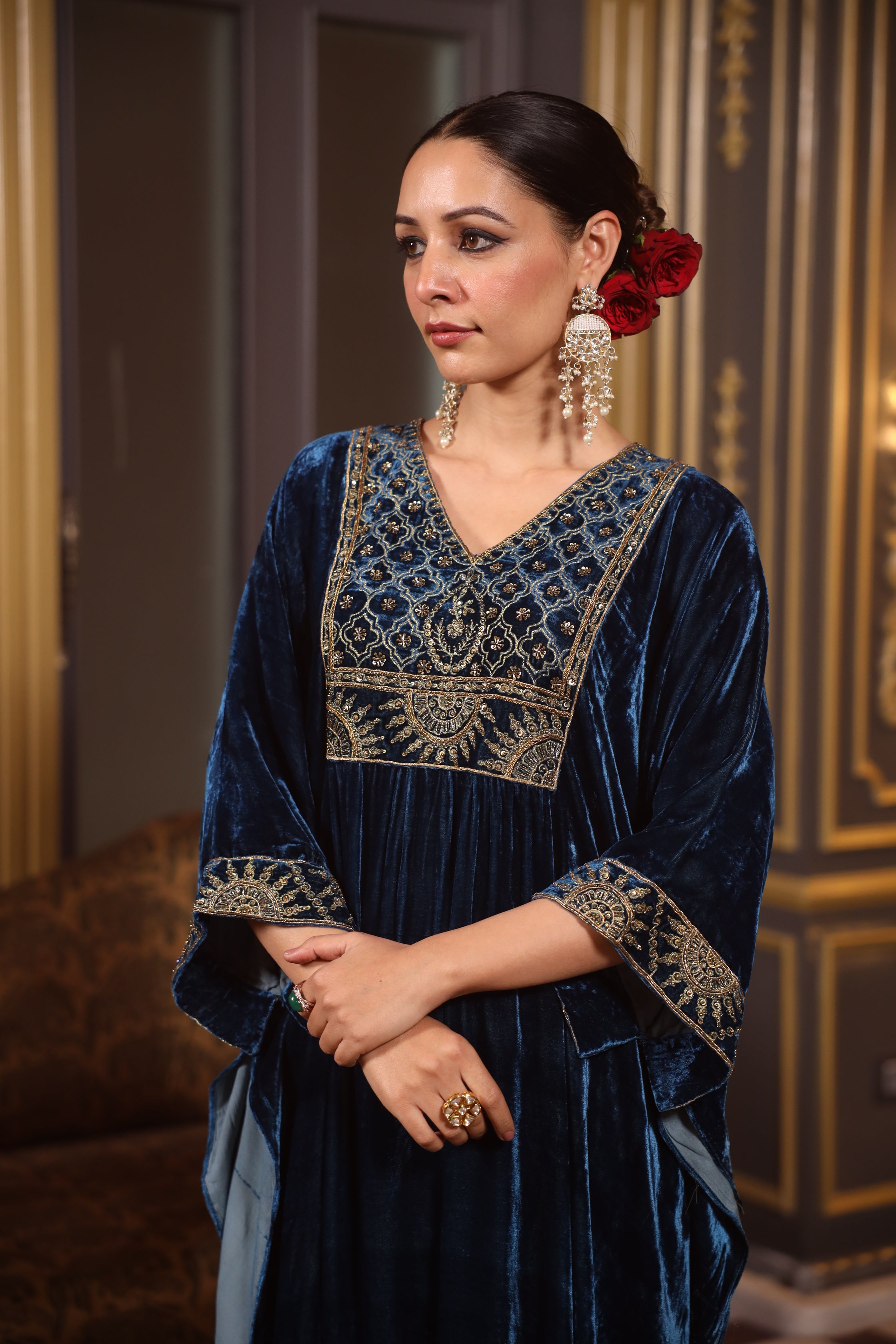 TEAL EMBROIDERED YOKE VELVET KURTA