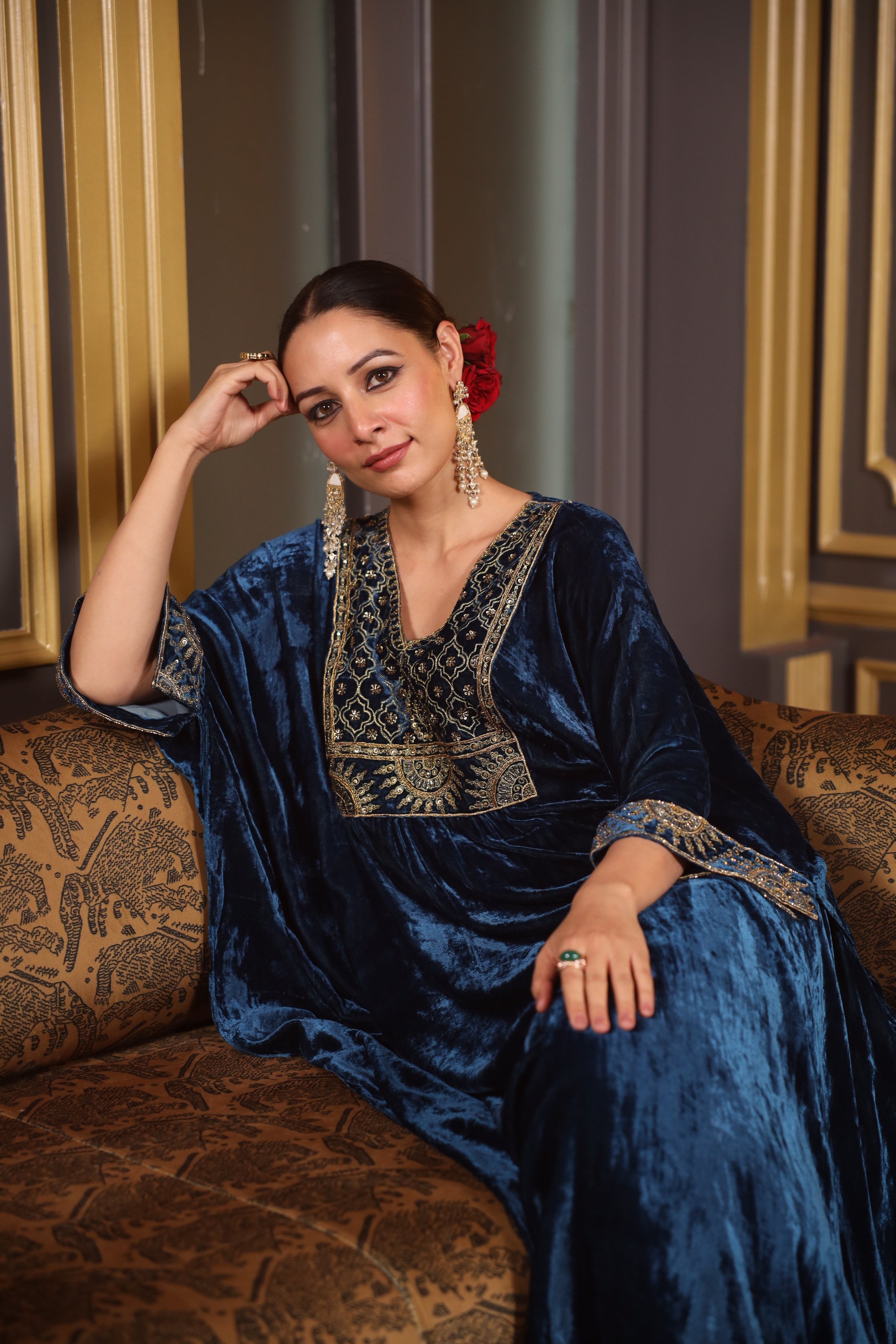 TEAL EMBROIDERED YOKE VELVET KURTA