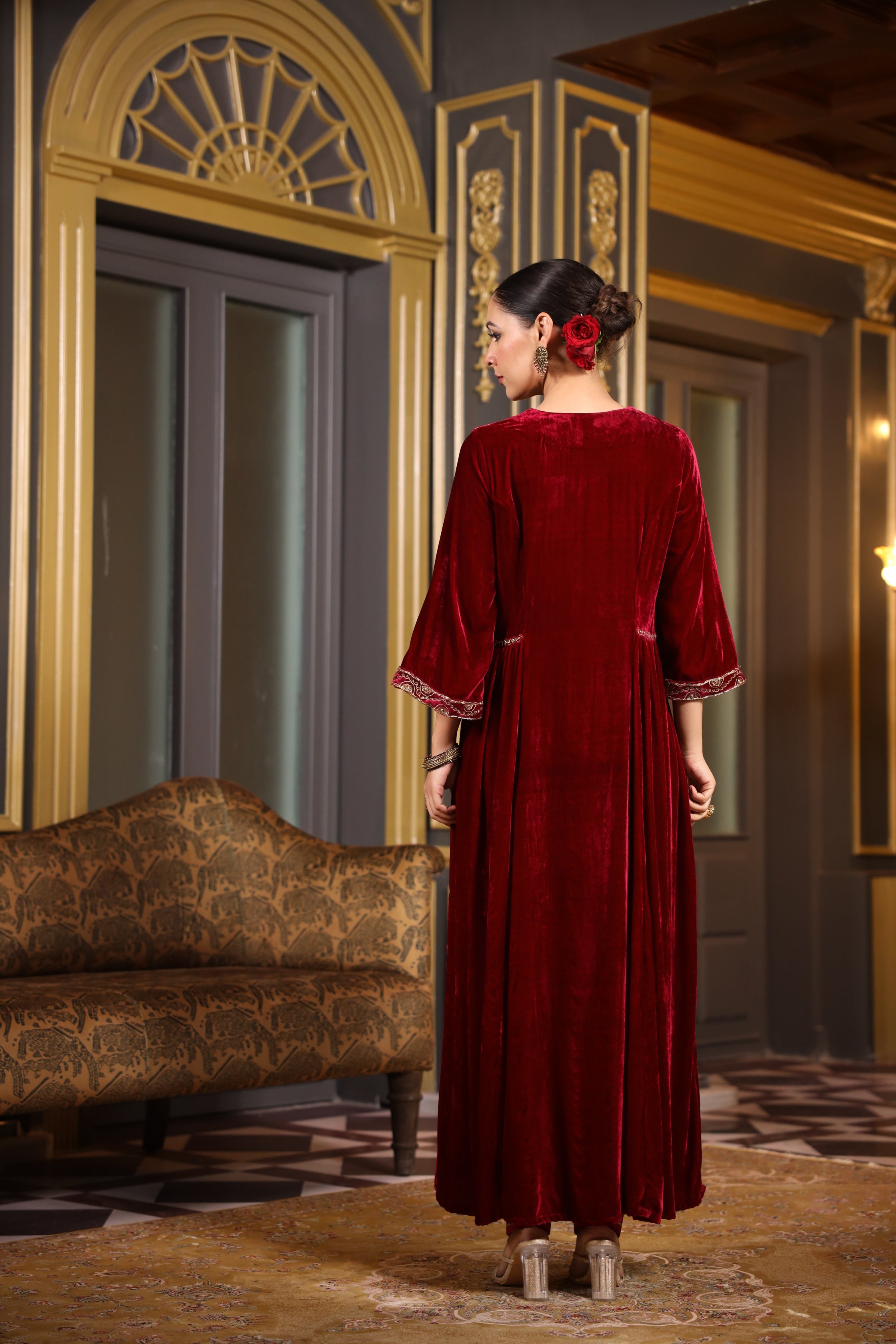 MAROON VELVET KURTA SET