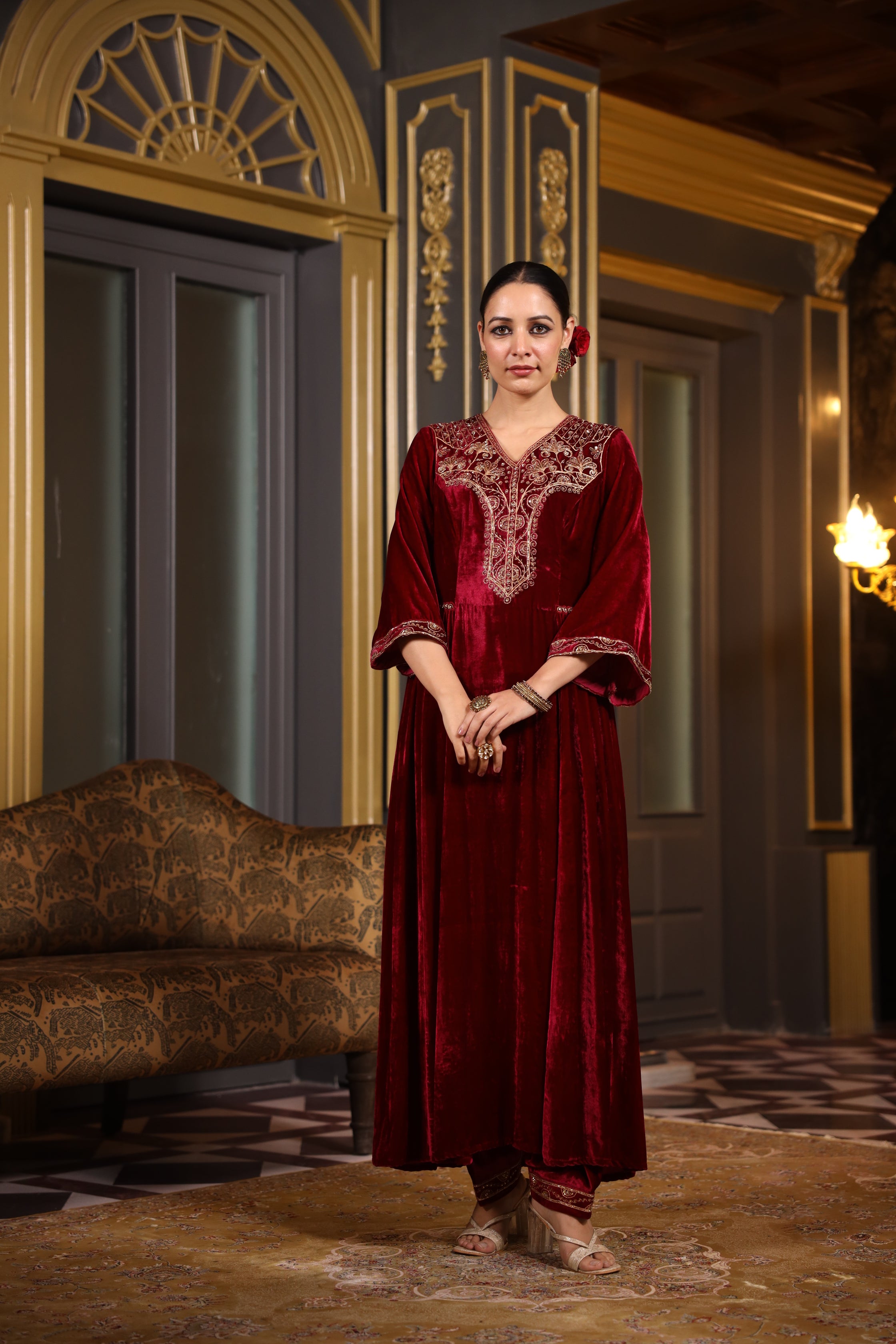 MAROON VELVET KURTA SET