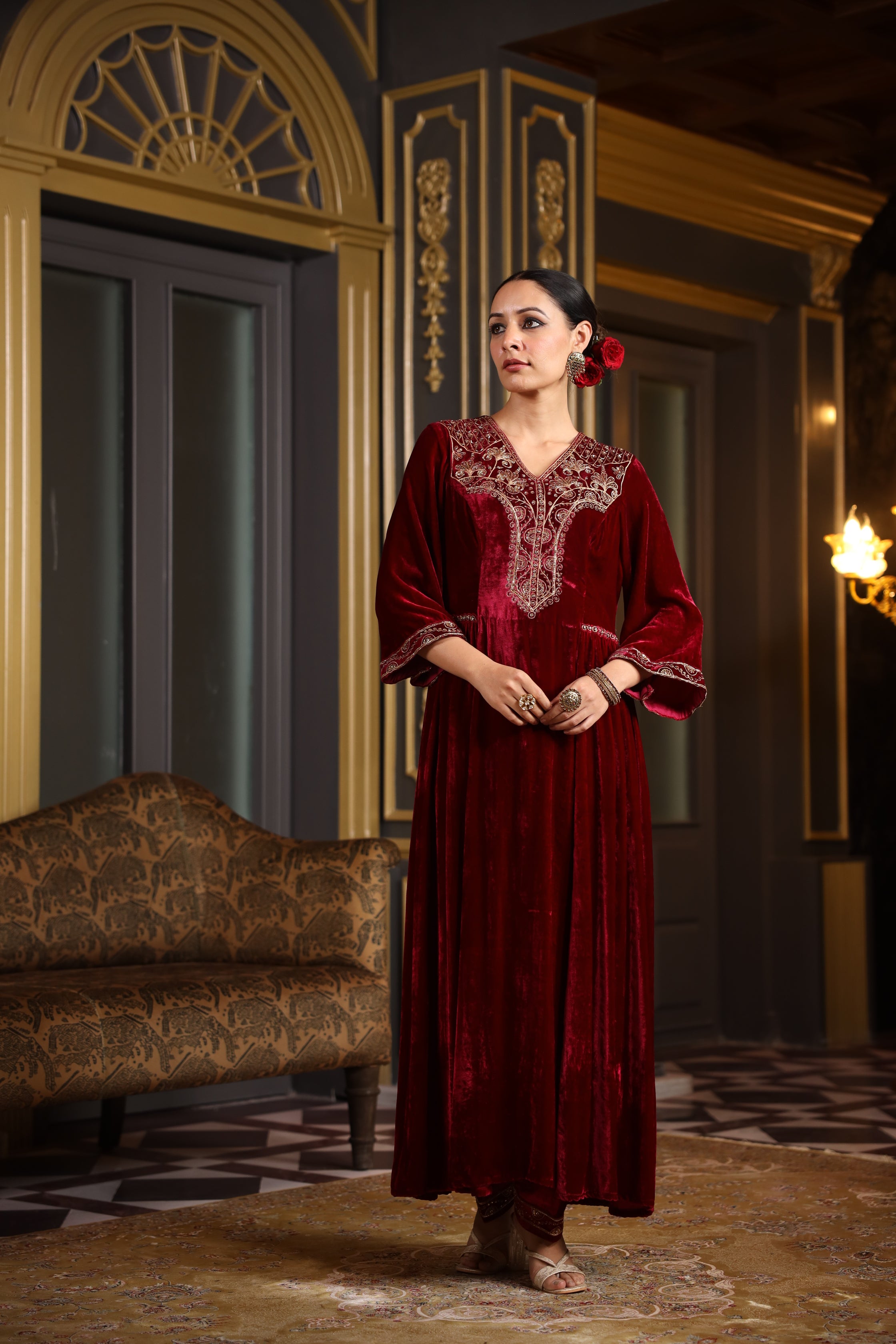 MAROON VELVET KURTA SET