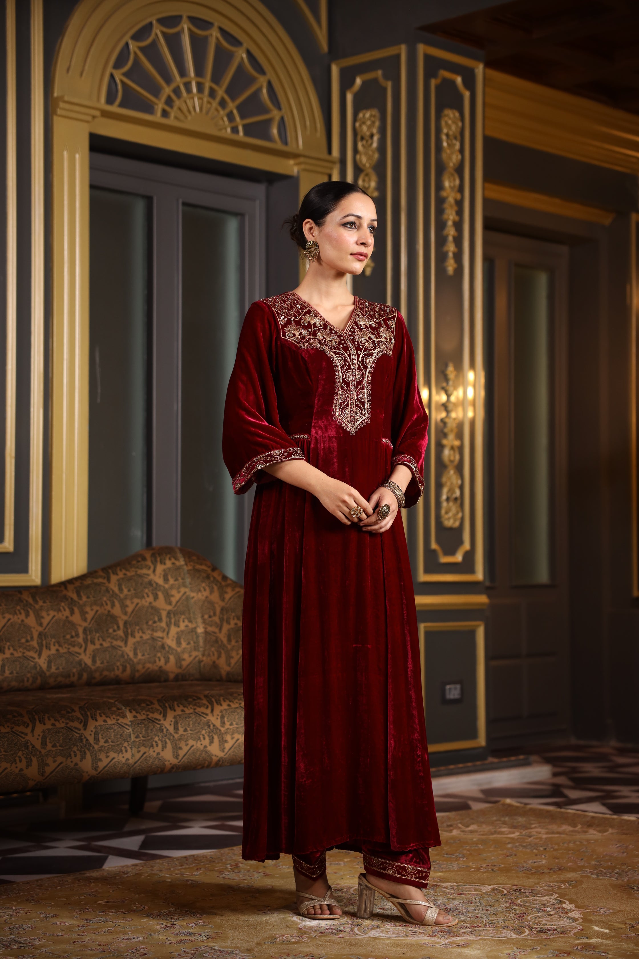 MAROON VELVET KURTA SET