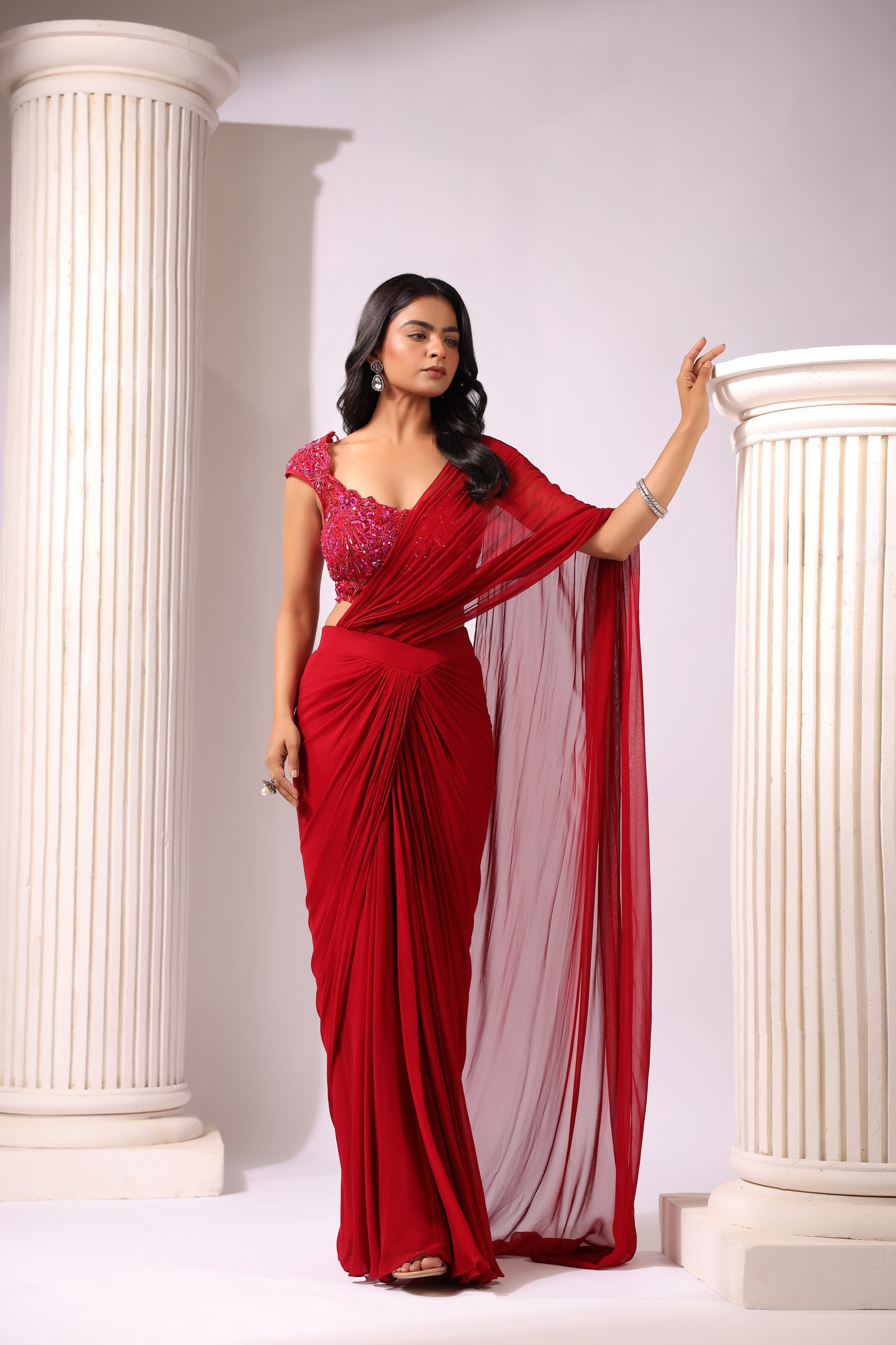 RED DRAPE SAREE WITH APPLIQUE FLORAL WORK BLOUSE