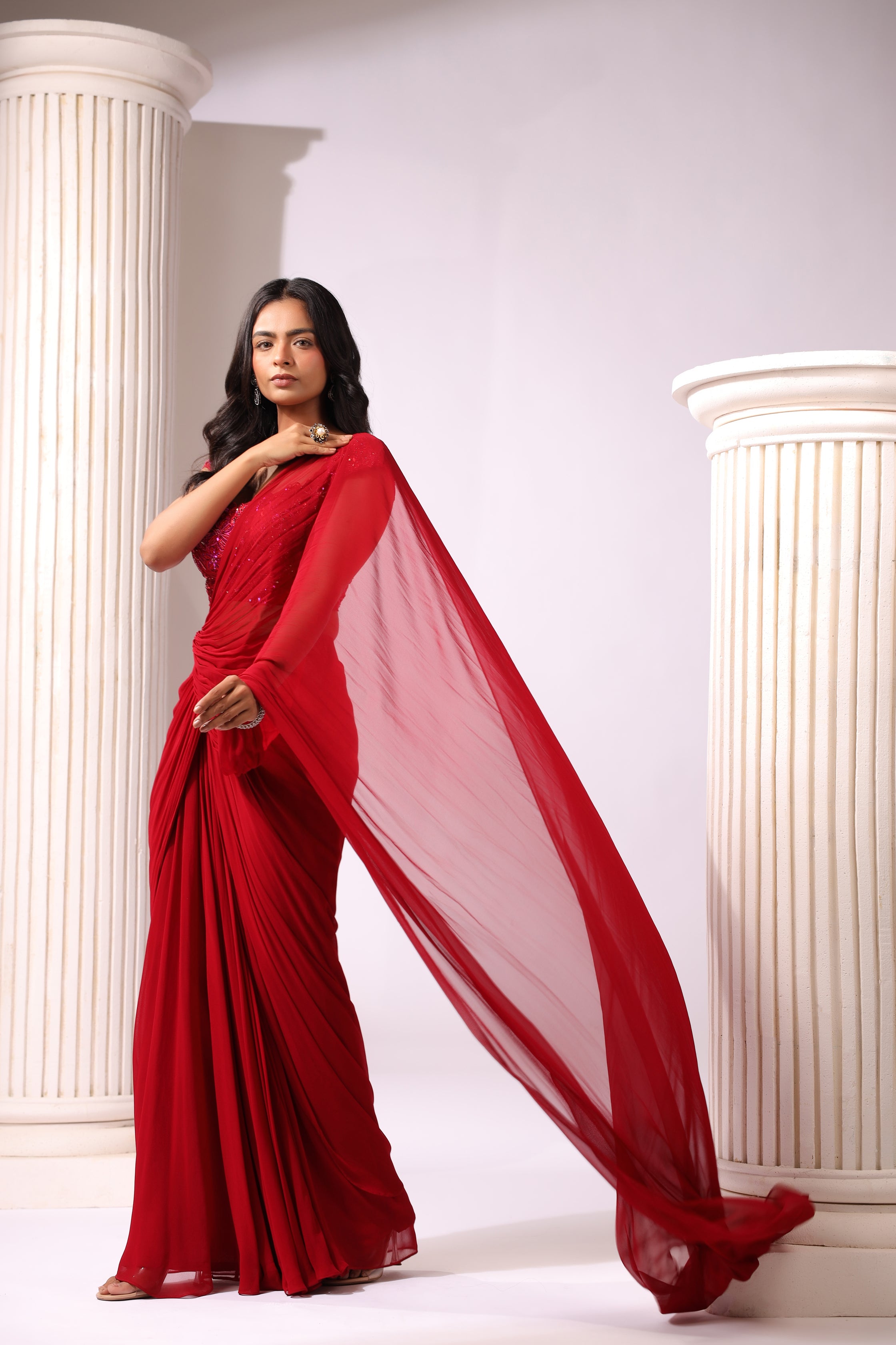 RED DRAPE SAREE WITH APPLIQUE FLORAL WORK BLOUSE