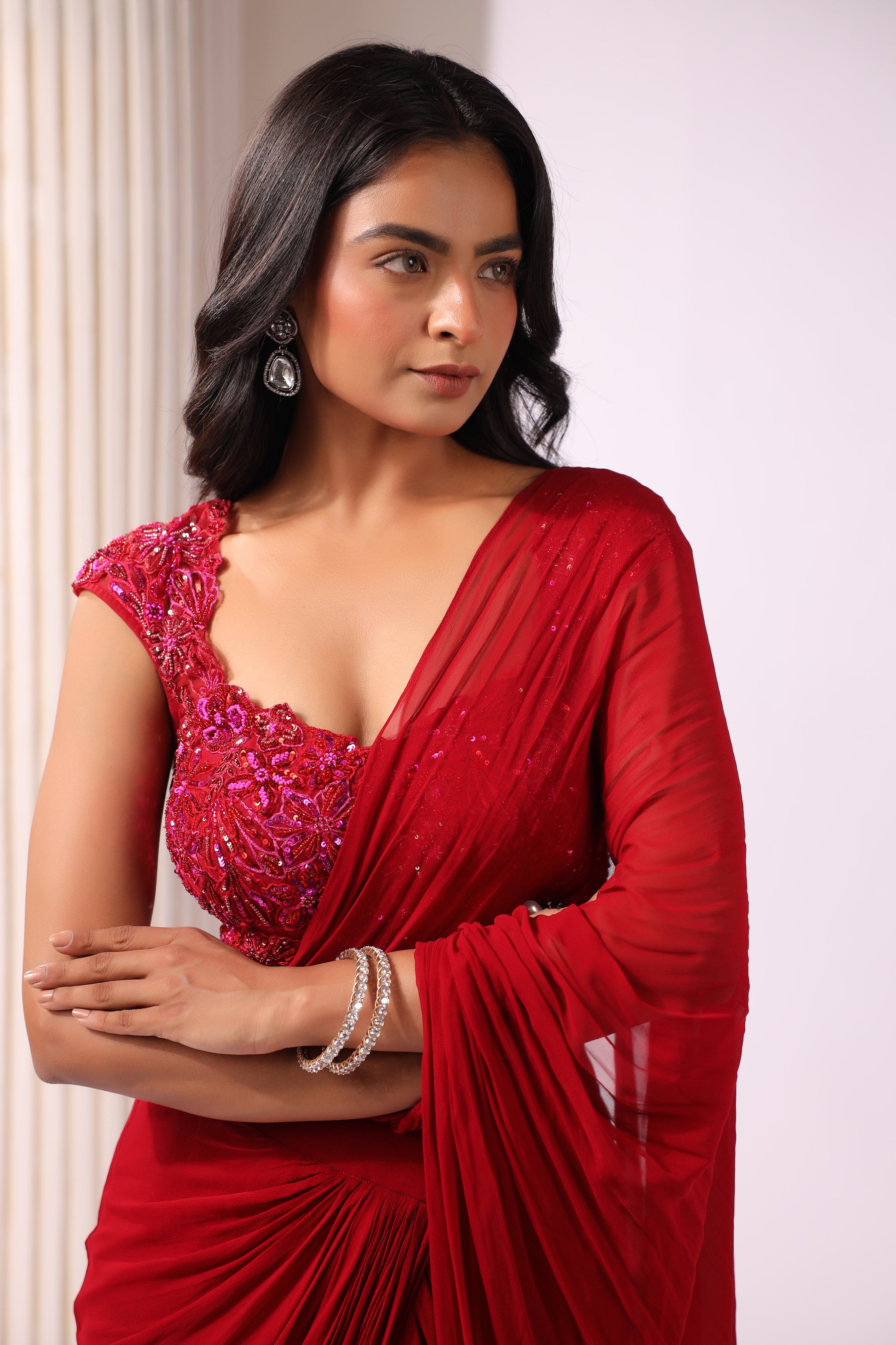 RED DRAPE SAREE WITH APPLIQUE FLORAL WORK BLOUSE